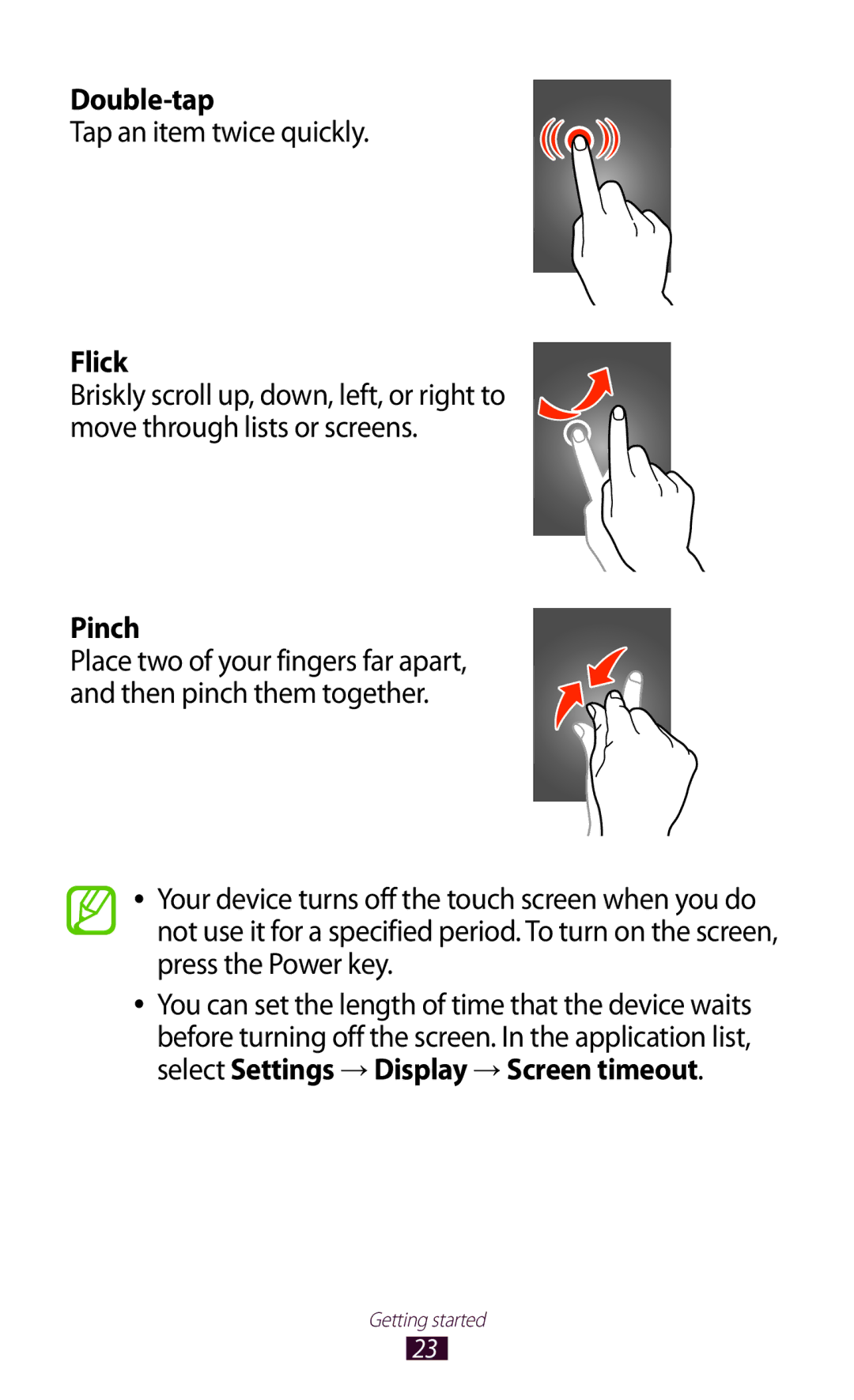 Samsung GT-P6211MAADBT, GT-P6211UWADBT manual Double-tap, Tap an item twice quickly, Flick, Pinch 