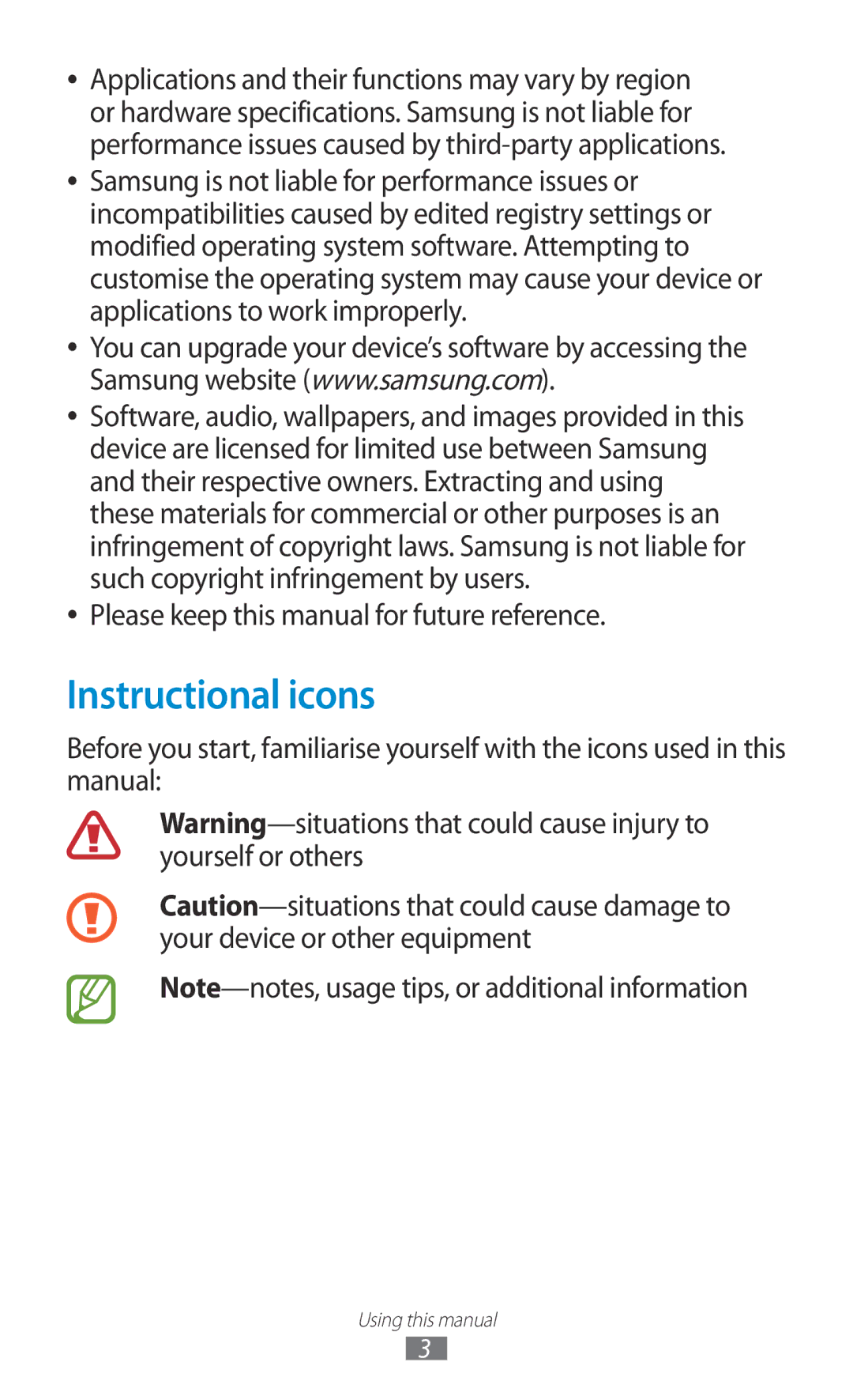 Samsung GT-P6211MAADBT, GT-P6211UWADBT Instructional icons, Please keep this manual for future reference 