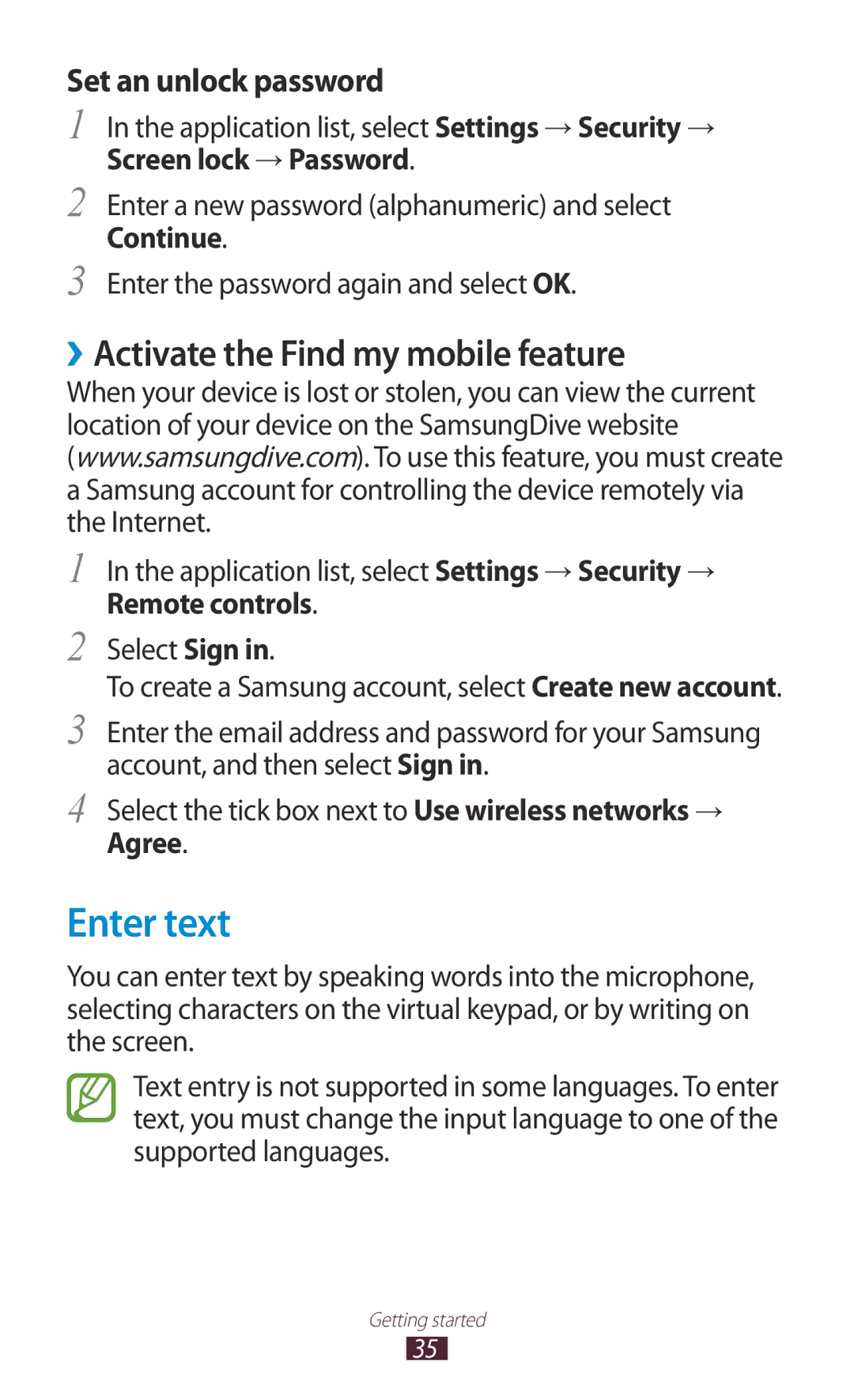 Samsung GT-P6211MAADBT Enter text, ››Activate the Find my mobile feature, Screen lock → Password, Remote controls, Agree 