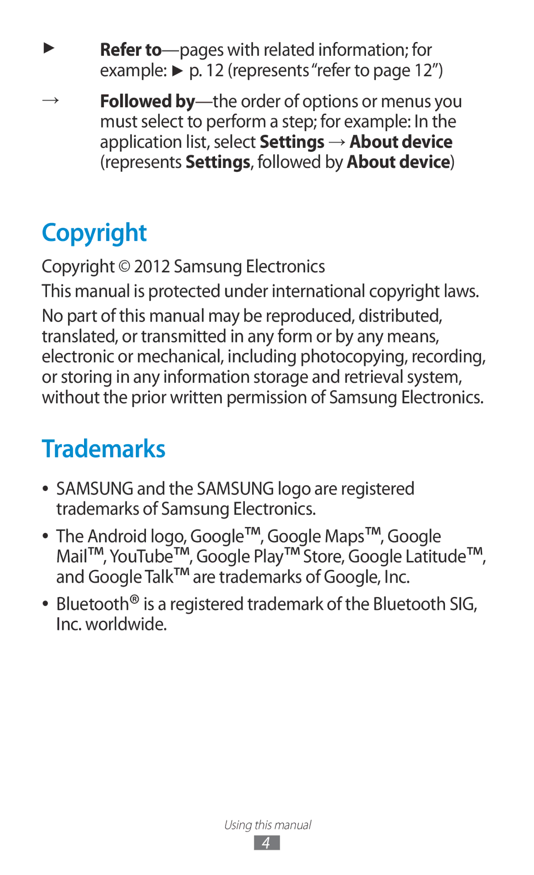 Samsung GT-P6211UWADBT, GT-P6211MAADBT manual Copyright, Trademarks, Android logo, Google, Google Maps, Google 