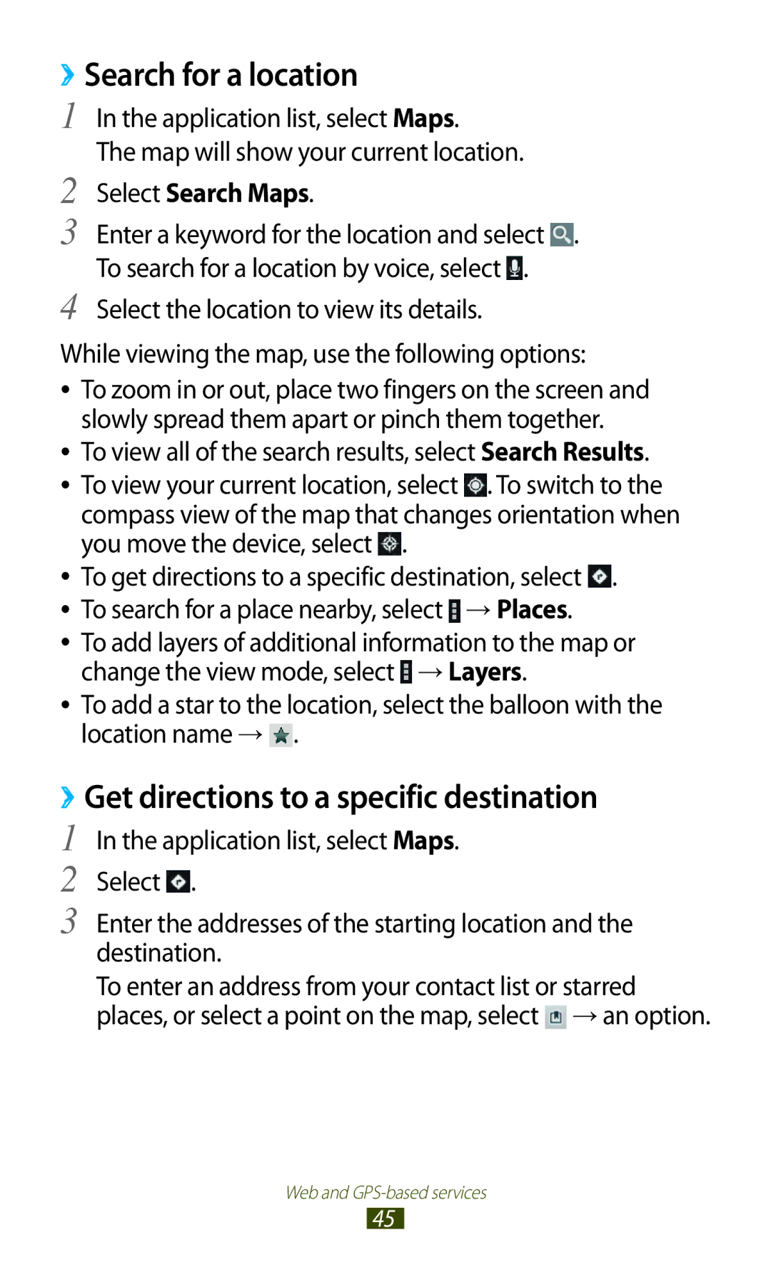 Samsung GT-P6211MAADBT manual Search for a location, ››Get directions to a specific destination, Select Search Maps 