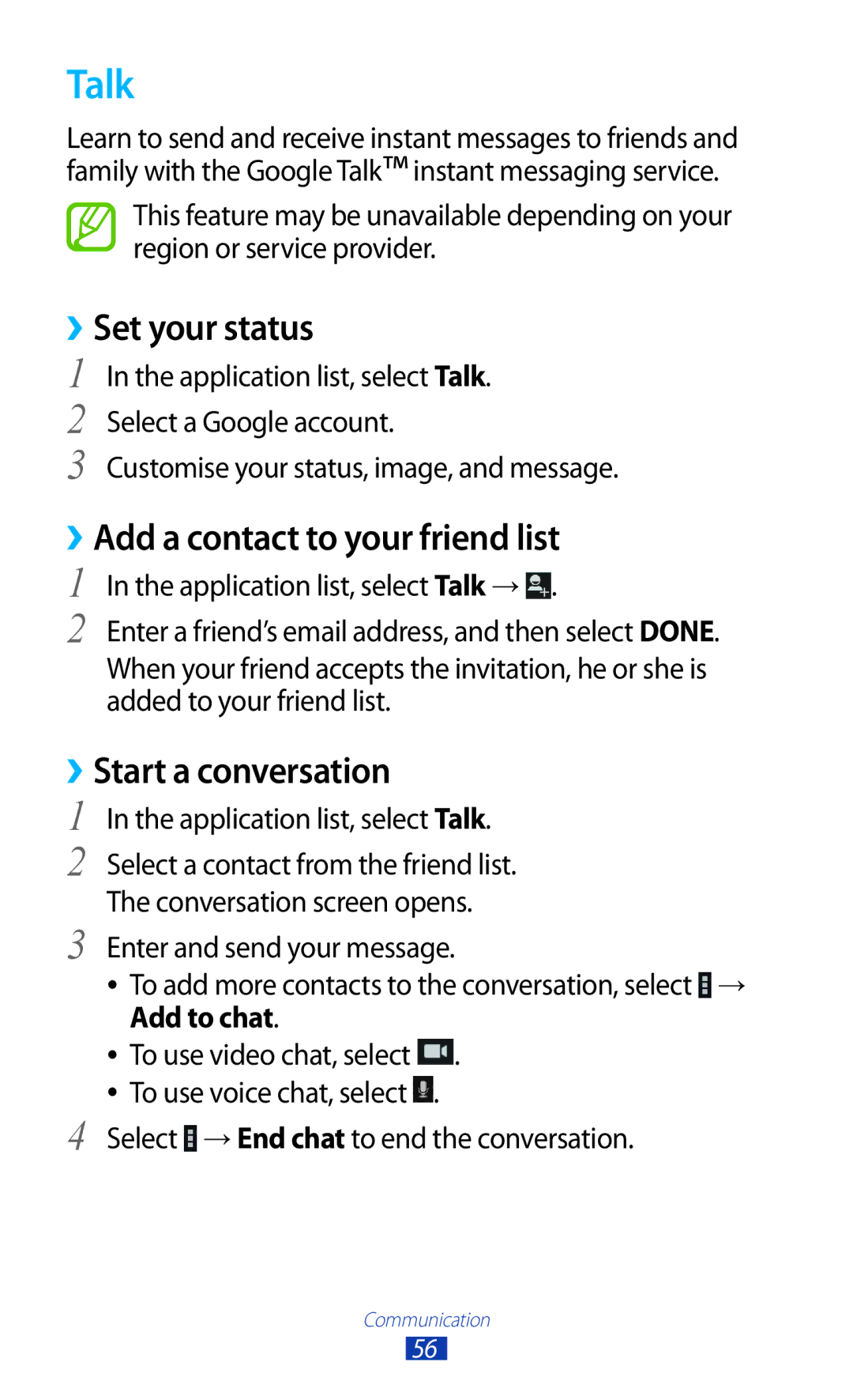 Samsung GT-P6211UWADBT manual Talk, ››Set your status, ››Add a contact to your friend list, ››Start a conversation 