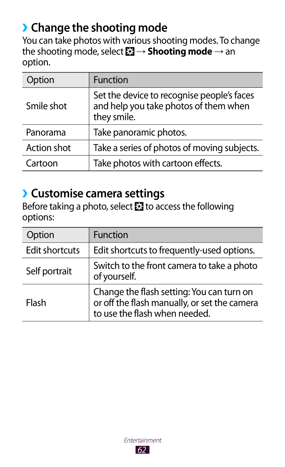 Samsung GT-P6211UWADBT, GT-P6211MAADBT manual ››Change the shooting mode, ››Customise camera settings 