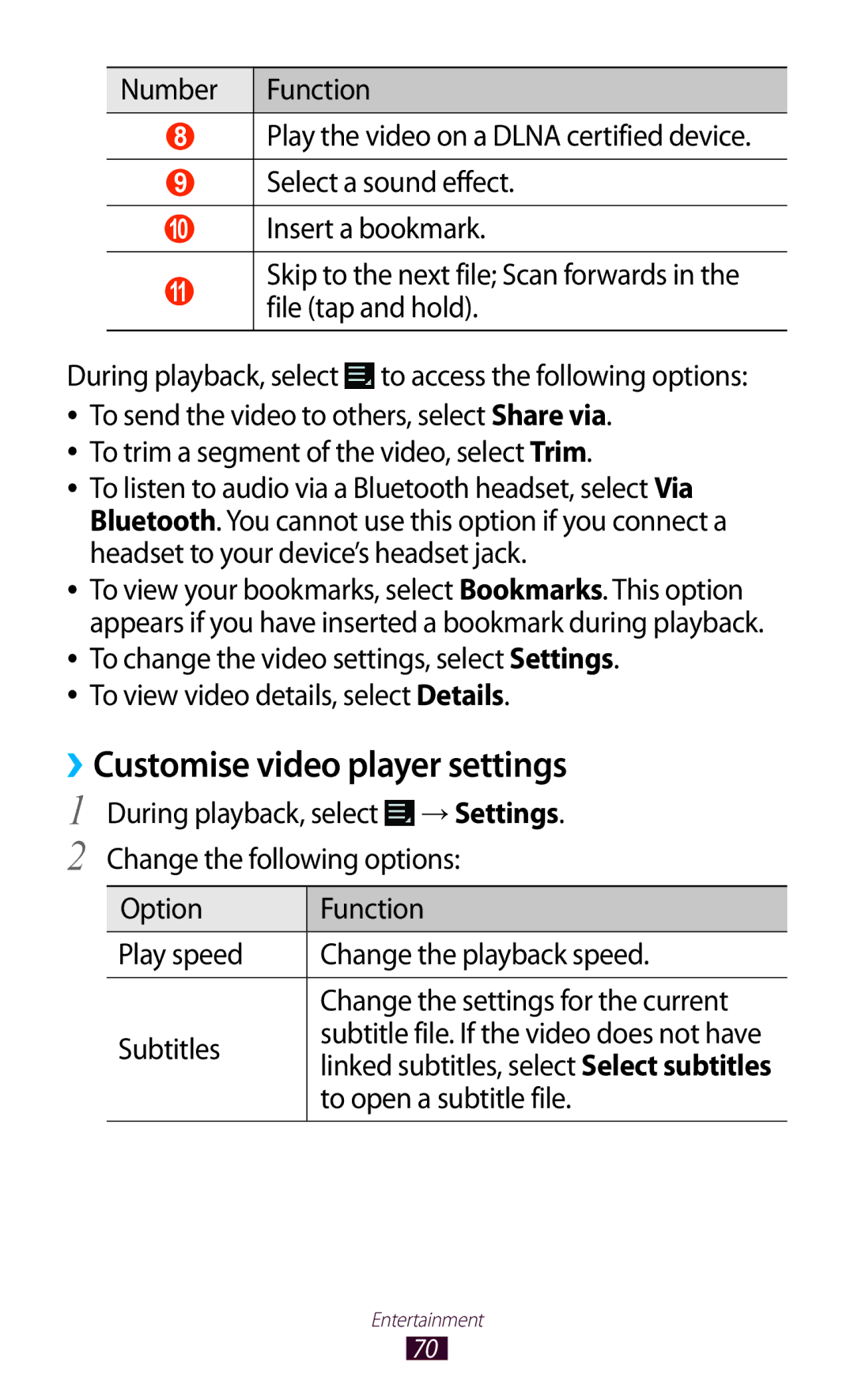 Samsung GT-P6211UWADBT, GT-P6211MAADBT manual ››Customise video player settings, To open a subtitle file 