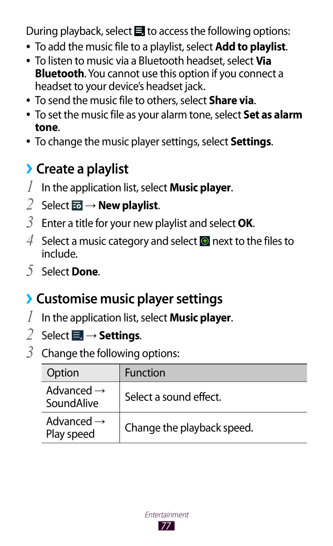 Samsung GT-P6211MAADBT, GT-P6211UWADBT Create a playlist, ››Customise music player settings, Tone, Select → New playlist 