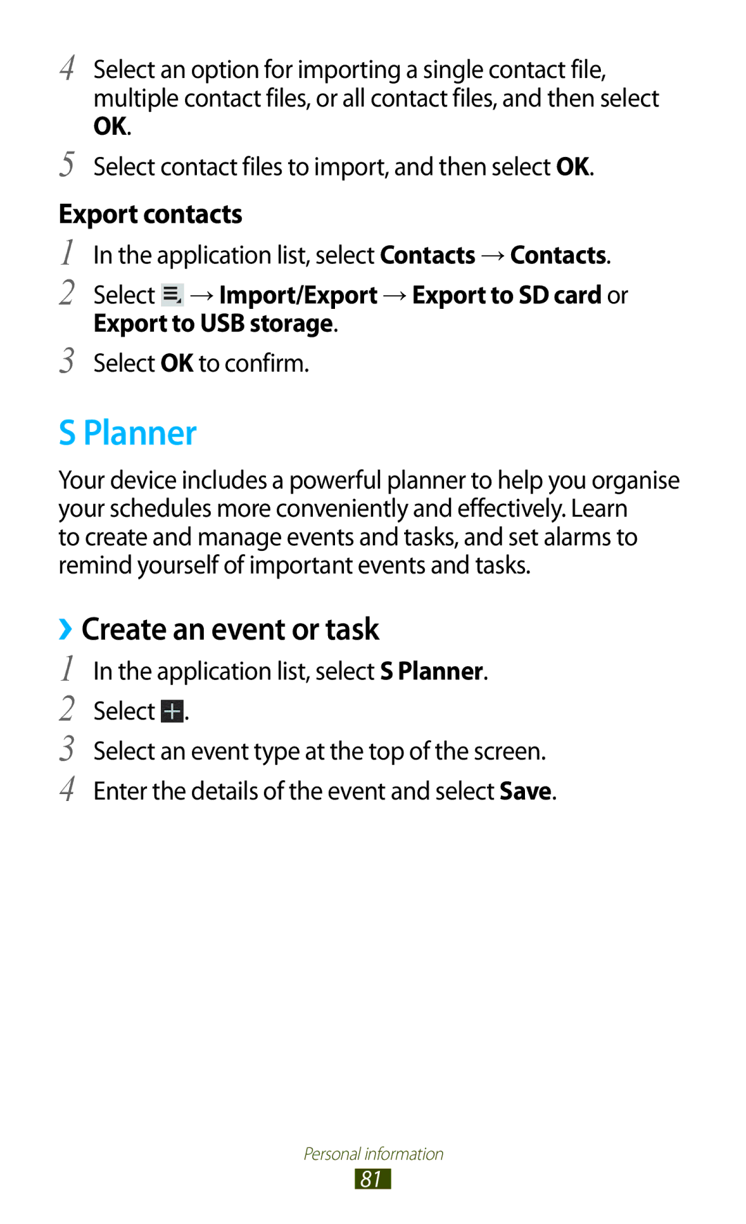 Samsung GT-P6211MAADBT, GT-P6211UWADBT Planner, ››Create an event or task, Export to USB storage, Select OK to confirm 