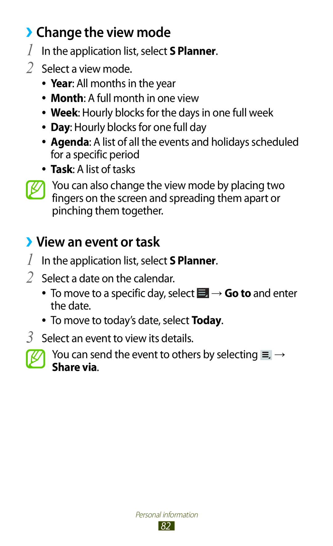 Samsung GT-P6211UWADBT, GT-P6211MAADBT manual ››Change the view mode, ››View an event or task 