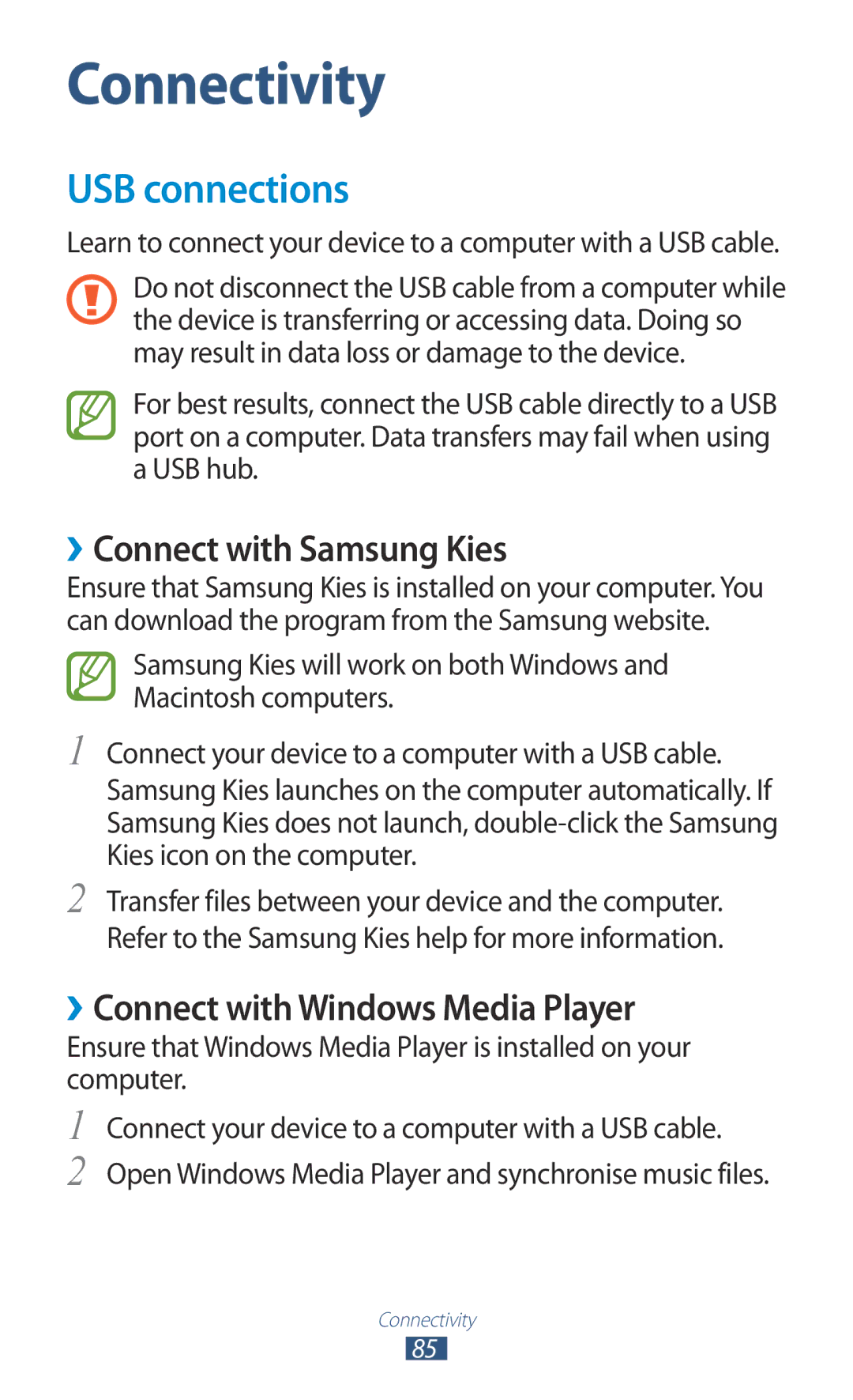 Samsung GT-P6211MAADBT, GT-P6211UWADBT USB connections, ››Connect with Samsung Kies, ››Connect with Windows Media Player 