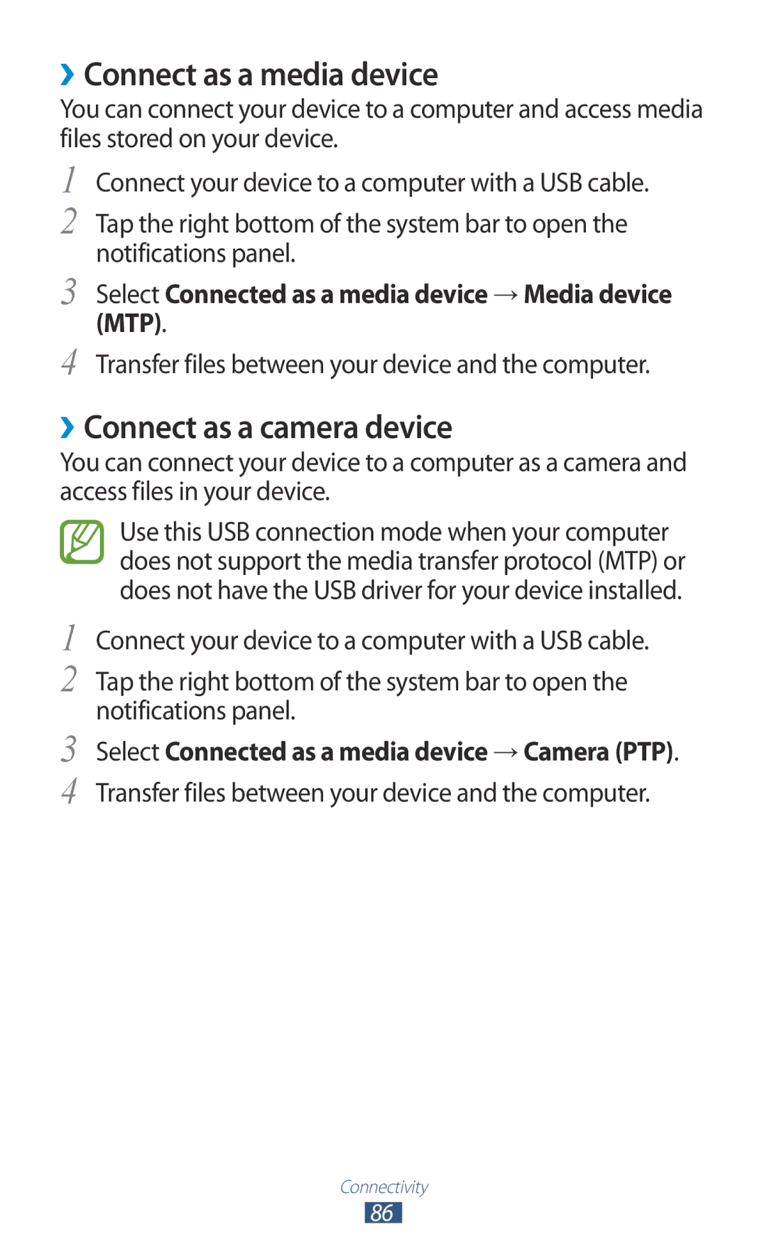 Samsung GT-P6211UWADBT, GT-P6211MAADBT manual ››Connect as a media device, ››Connect as a camera device 