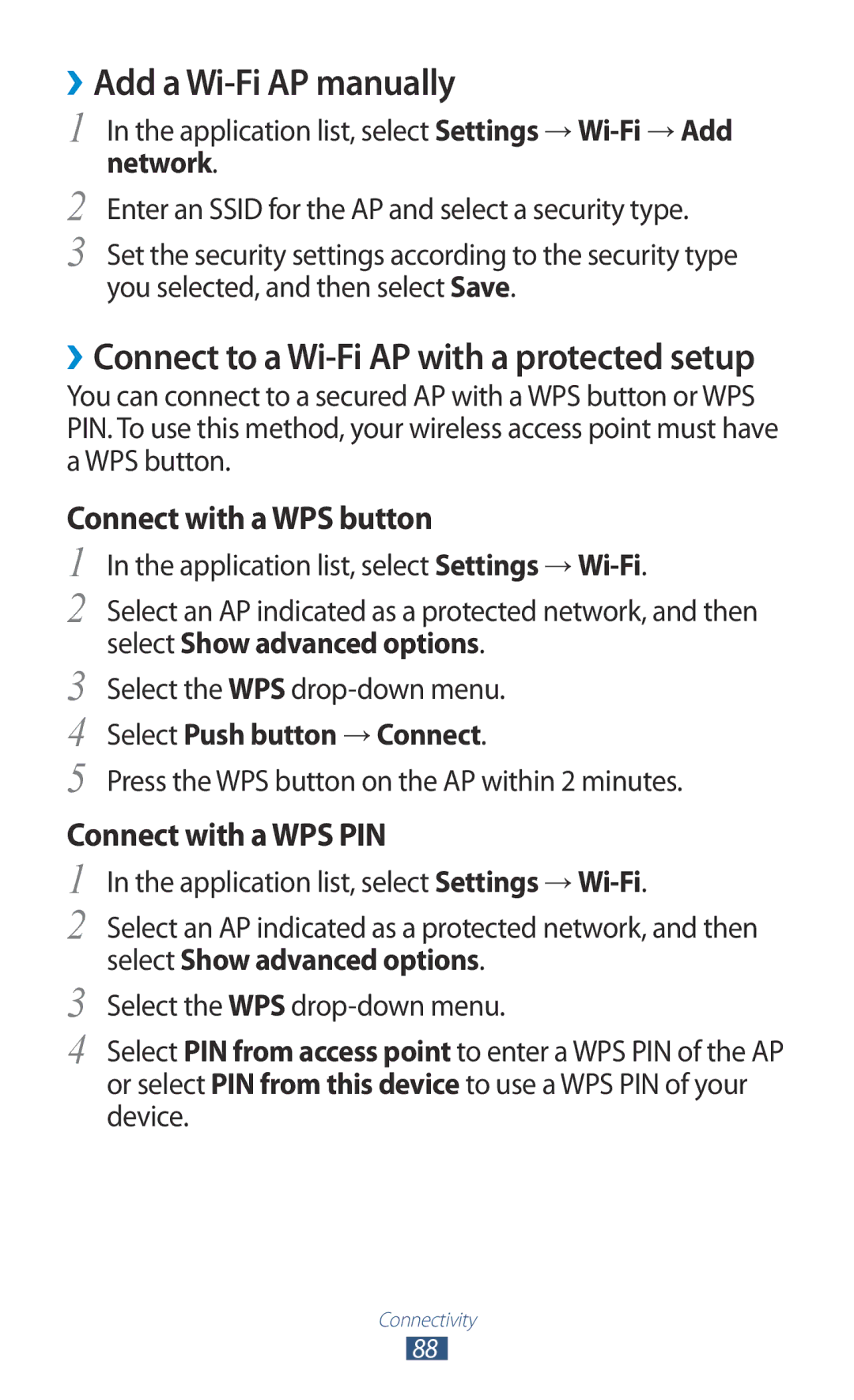 Samsung GT-P6211UWADBT, GT-P6211MAADBT ››Add a Wi-Fi AP manually, Select Push button → Connect 