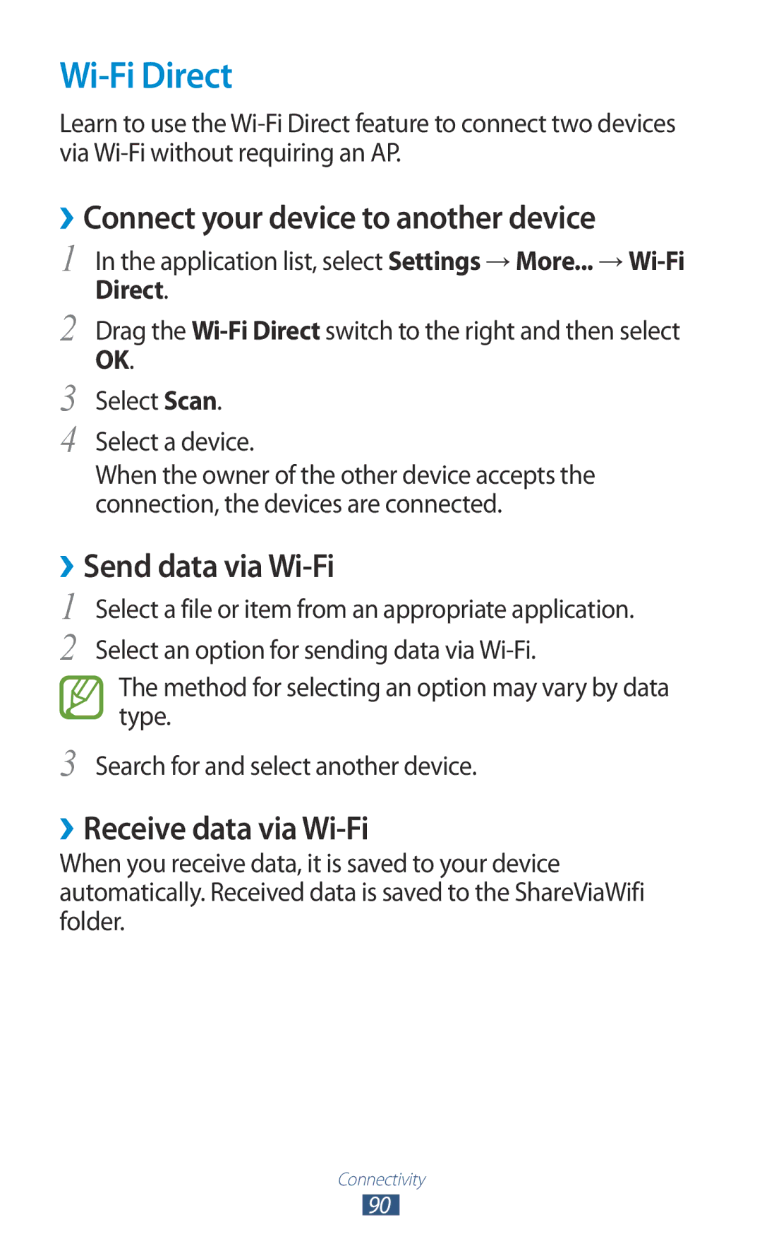 Samsung GT-P6211UWADBT, GT-P6211MAADBT manual Wi-Fi Direct, ››Connect your device to another device, ››Send data via Wi-Fi 