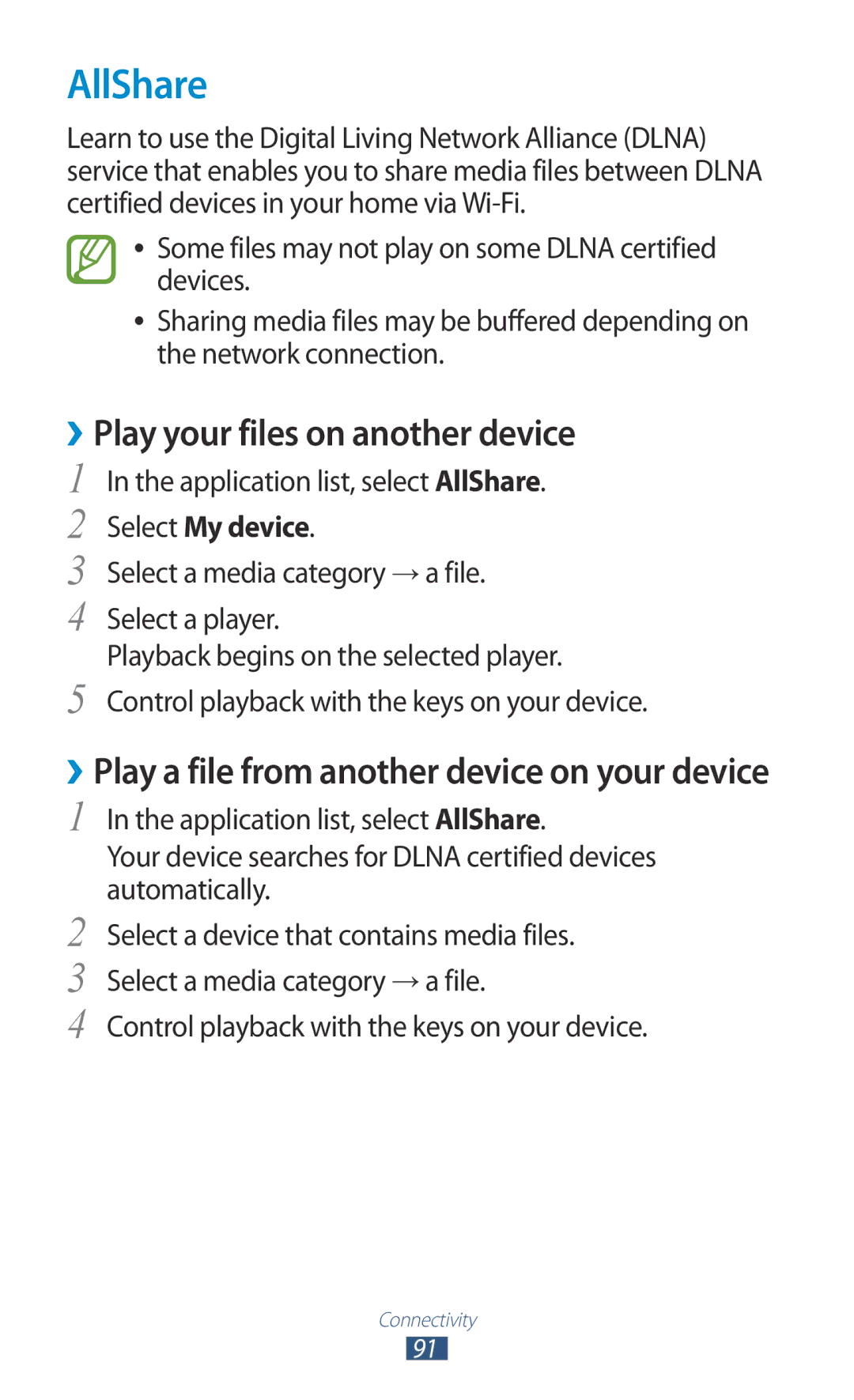 Samsung GT-P6211MAADBT manual AllShare, ››Play your files on another device, Control playback with the keys on your device 