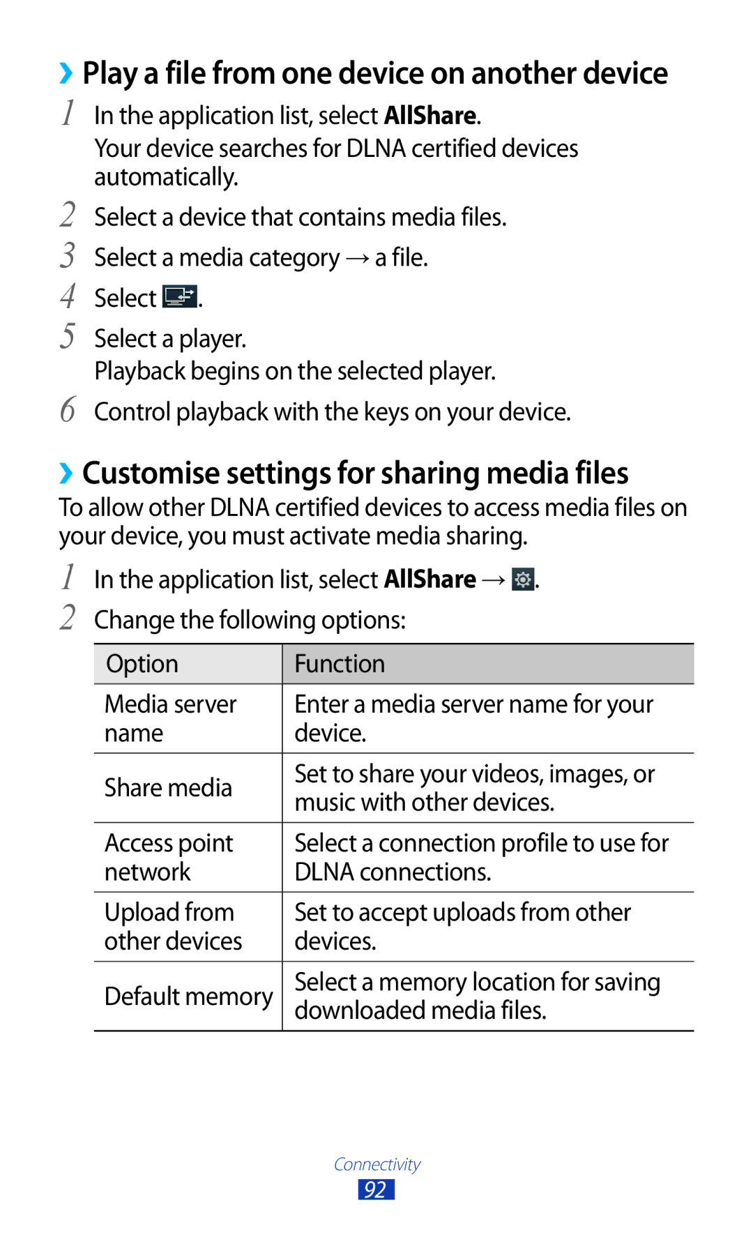 Samsung GT-P6211UWADBT, GT-P6211MAADBT manual ››Customise settings for sharing media files 