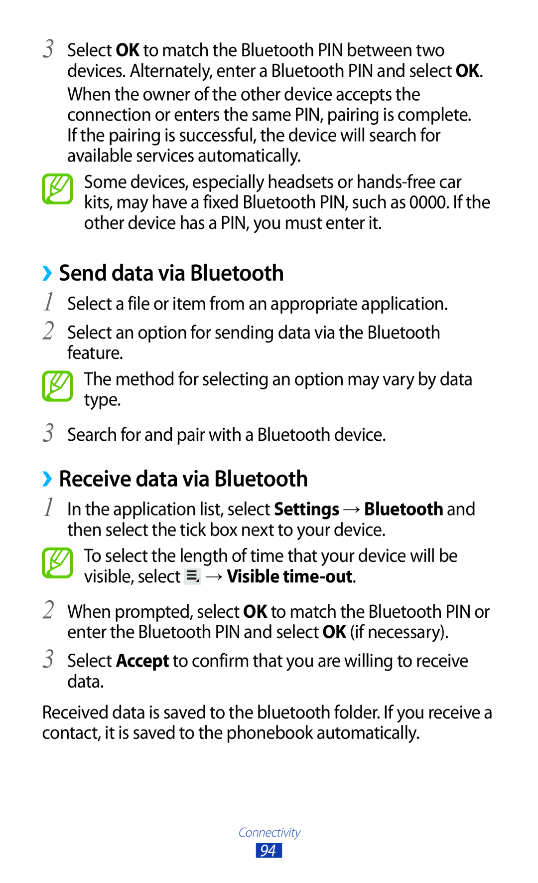 Samsung GT-P6211UWADBT, GT-P6211MAADBT manual ››Send data via Bluetooth, ››Receive data via Bluetooth 