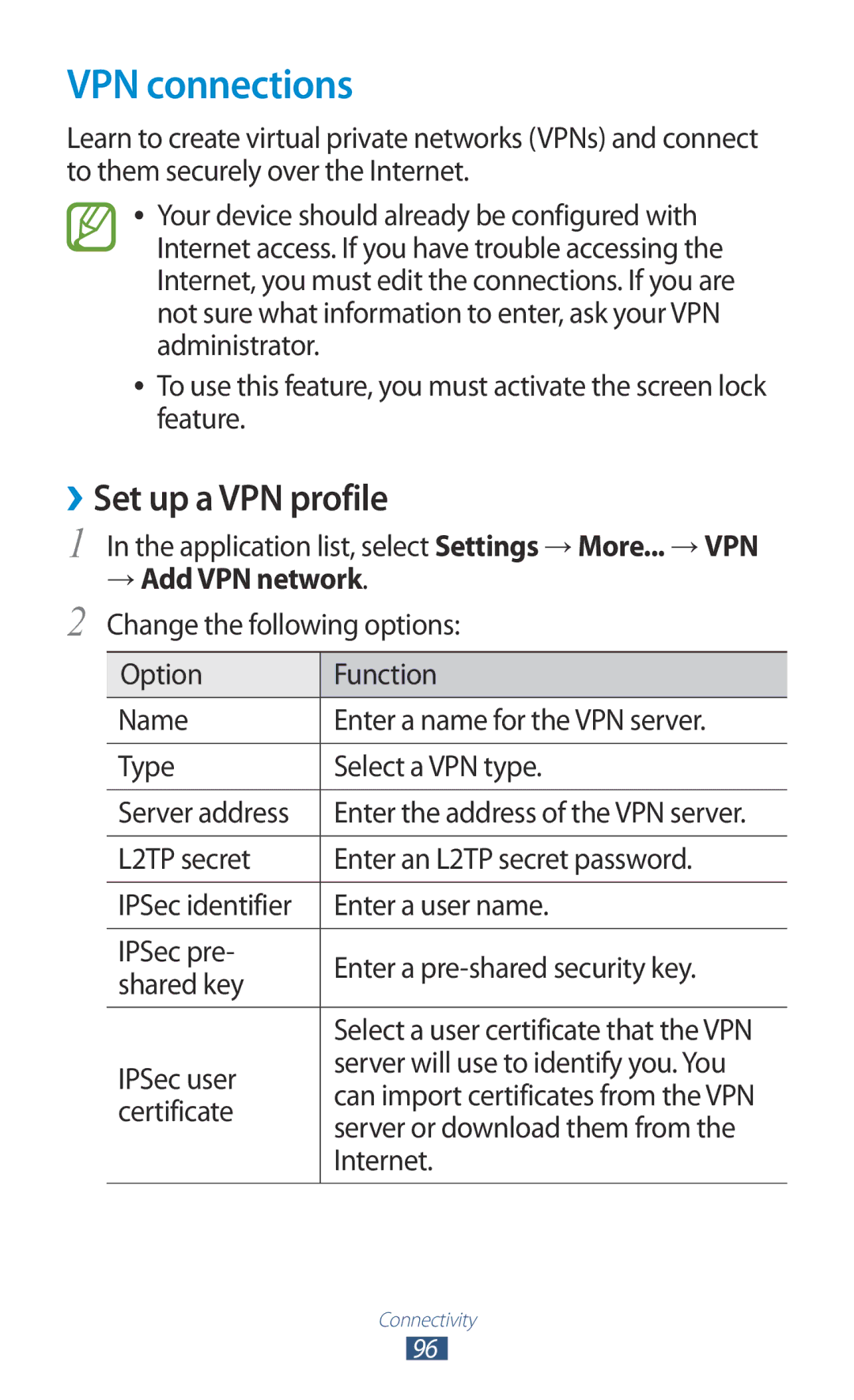 Samsung GT-P6211UWADBT, GT-P6211MAADBT manual VPN connections, ››Set up a VPN profile 