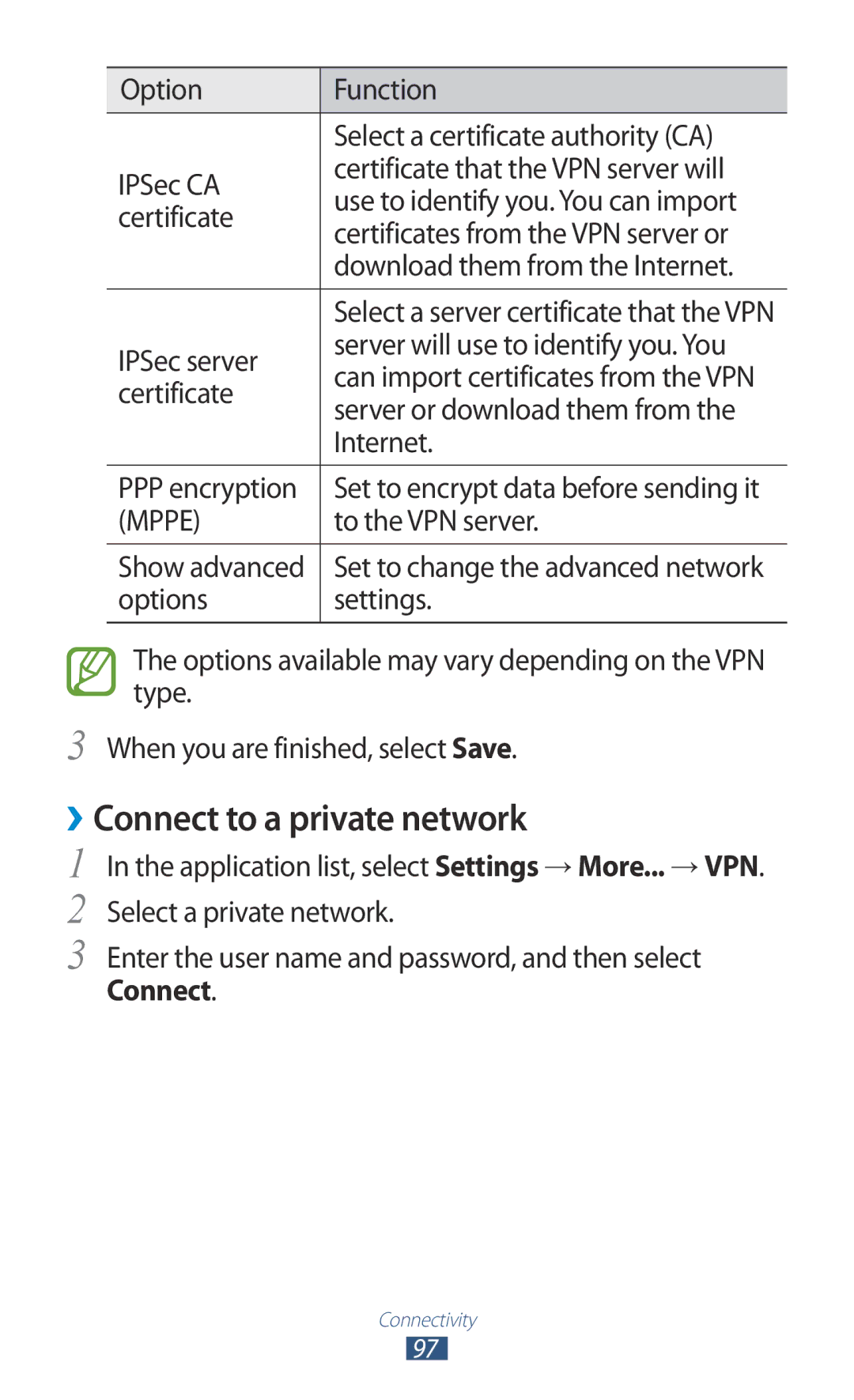 Samsung GT-P6211MAADBT, GT-P6211UWADBT ››Connect to a private network, IPSec server Server will use to identify you. You 