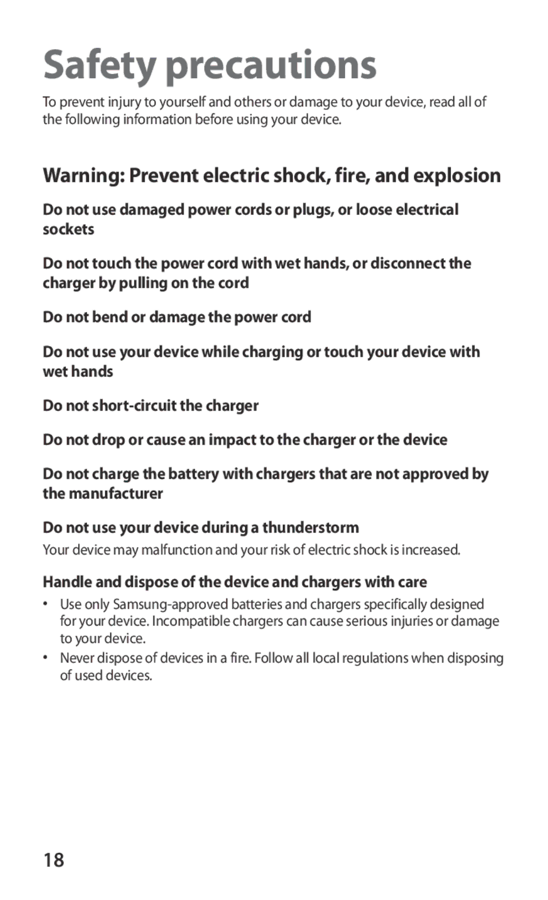 Samsung GT-P6800LSAATO, GT-P6800LSADBT manual Safety precautions, Handle and dispose of the device and chargers with care 