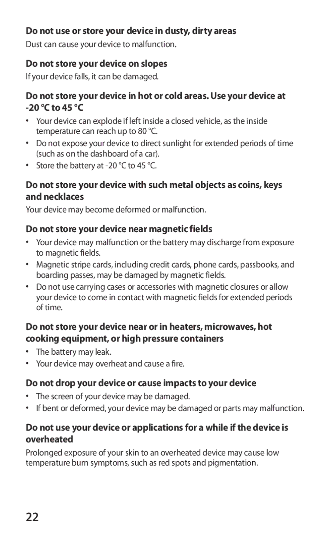 Samsung GT-P6800LSADBT manual Do not use or store your device in dusty, dirty areas, Do not store your device on slopes 