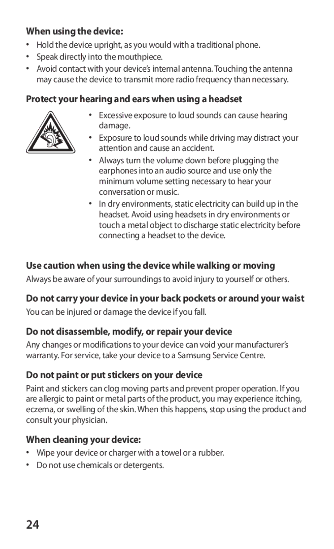 Samsung GT-P6800LSAATO, GT-P6800LSADBT manual When using the device, Protect your hearing and ears when using a headset 