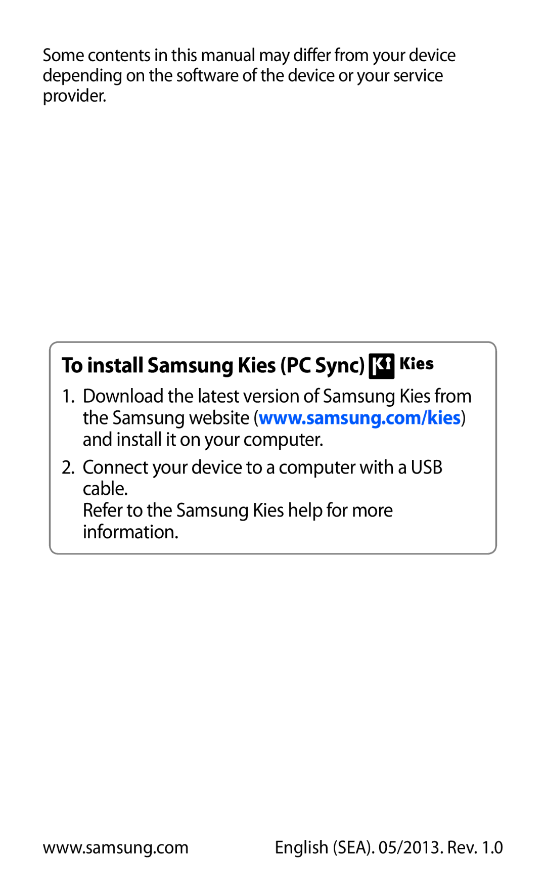 Samsung GT-P6800LSAEGY, GT-P6800LSAJED, GT-P6800LSATUN, GT-P6800LSAKCL, GT-P6800LSATHR manual To install Samsung Kies PC Sync 