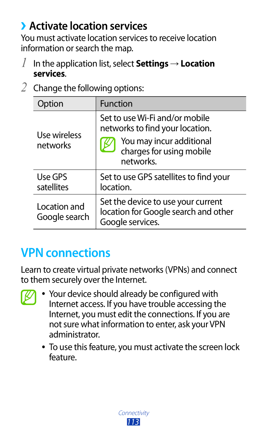 Samsung GT-P6800LSETHR, GT-P6800LSAJED manual VPN connections, ››Activate location services, Google search, Google services 