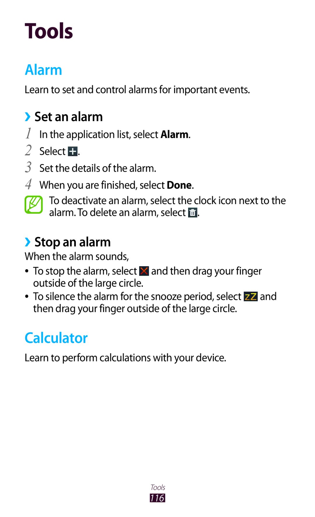 Samsung GT-P6800LSAXXV, GT-P6800LSAJED, GT-P6800LSAEGY, GT-P6800LSATUN Alarm, Calculator, ››Set an alarm, ››Stop an alarm 