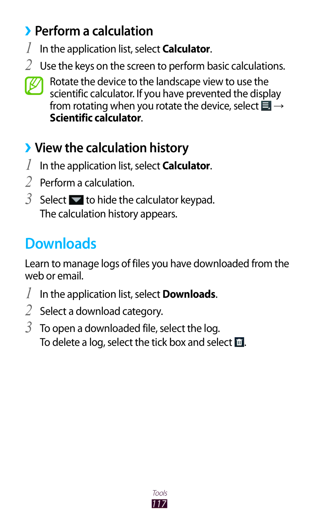 Samsung GT-P6800LSAXEV, GT-P6800LSAJED, GT-P6800LSAEGY Downloads, ››Perform a calculation, ››View the calculation history 