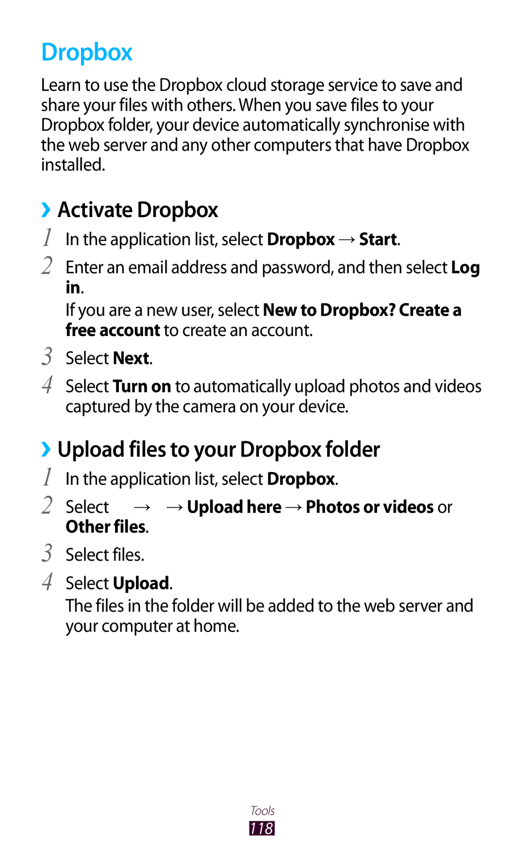 Samsung GT-P6800LSAJED, GT-P6800LSAEGY manual ››Activate Dropbox, Upload files to your Dropbox folder, Other files 