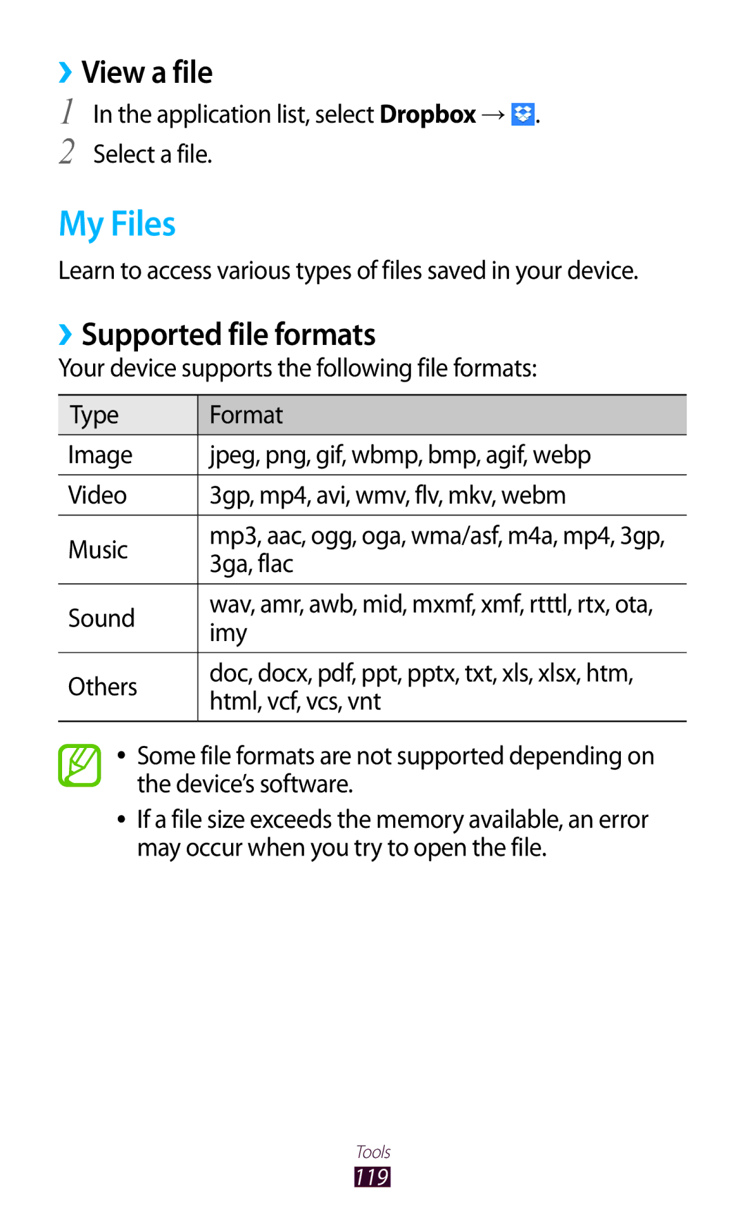 Samsung GT-P6800LSAEGY, GT-P6800LSAJED, GT-P6800LSATUN, GT-P6800LSAKCL My Files, ››View a file, ››Supported file formats 