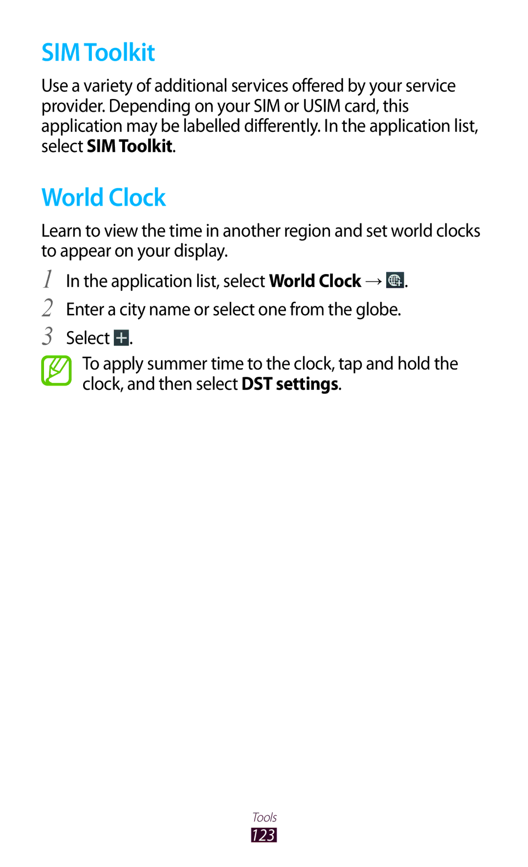 Samsung GT-P6800LSATMC, GT-P6800LSAJED, GT-P6800LSAEGY, GT-P6800LSATUN, GT-P6800LSAKCL manual SIM Toolkit, World Clock 
