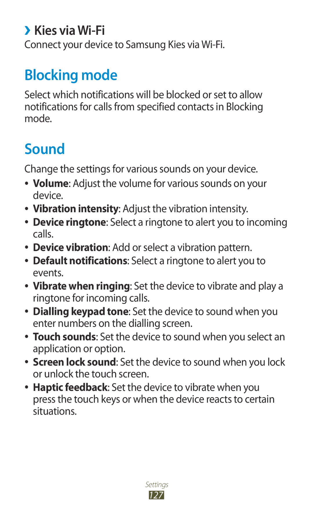 Samsung GT-P6800LSEJED manual Blocking mode, Sound, ››Kies via Wi-Fi, Connect your device to Samsung Kies via Wi-Fi 