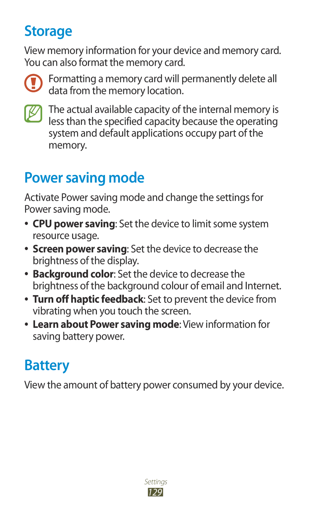 Samsung GT-P6800LSFTHR manual Storage, Power saving mode, Battery, View the amount of battery power consumed by your device 