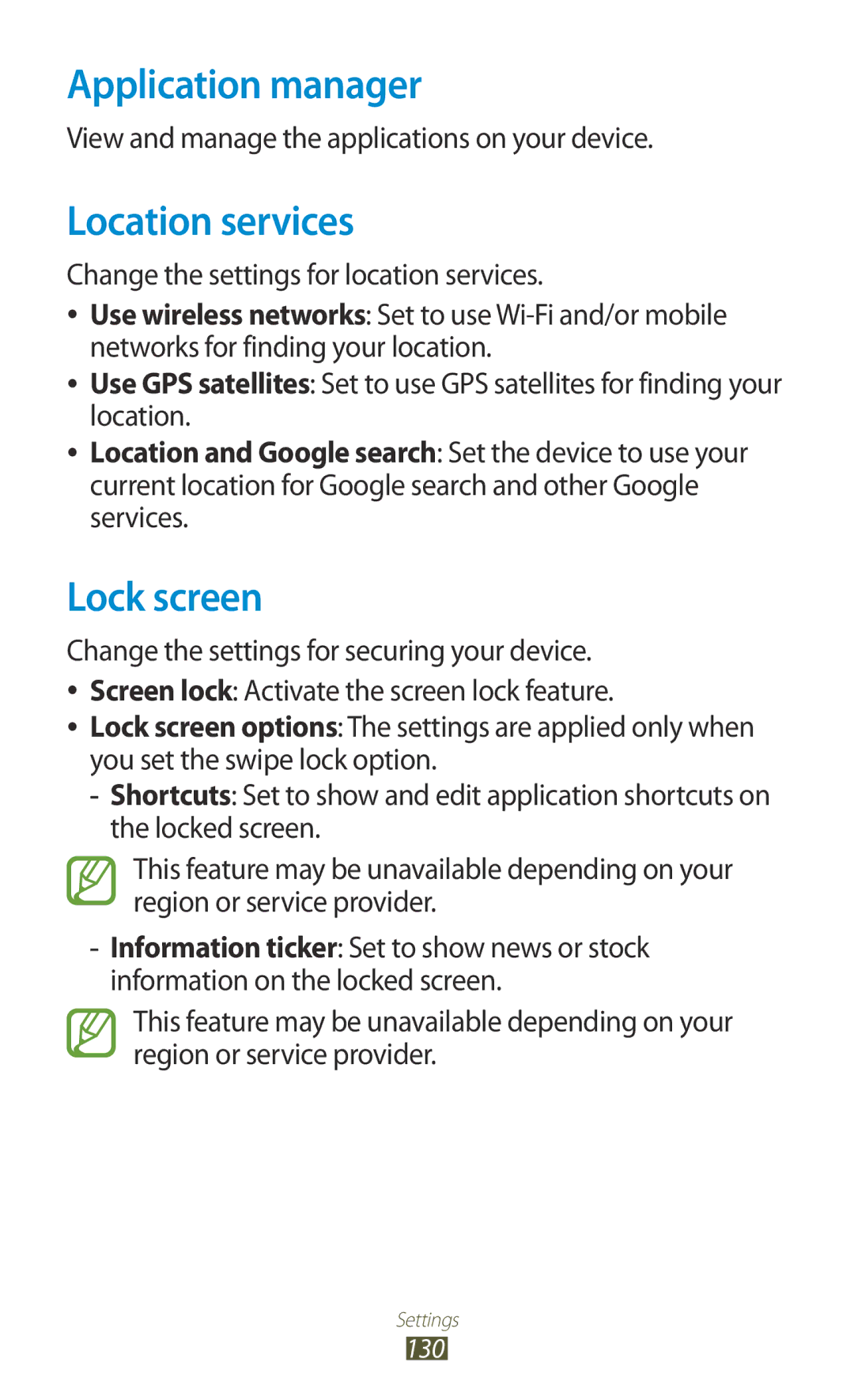 Samsung GT-P6800LSETHR Application manager, Location services, Lock screen, Change the settings for location services 