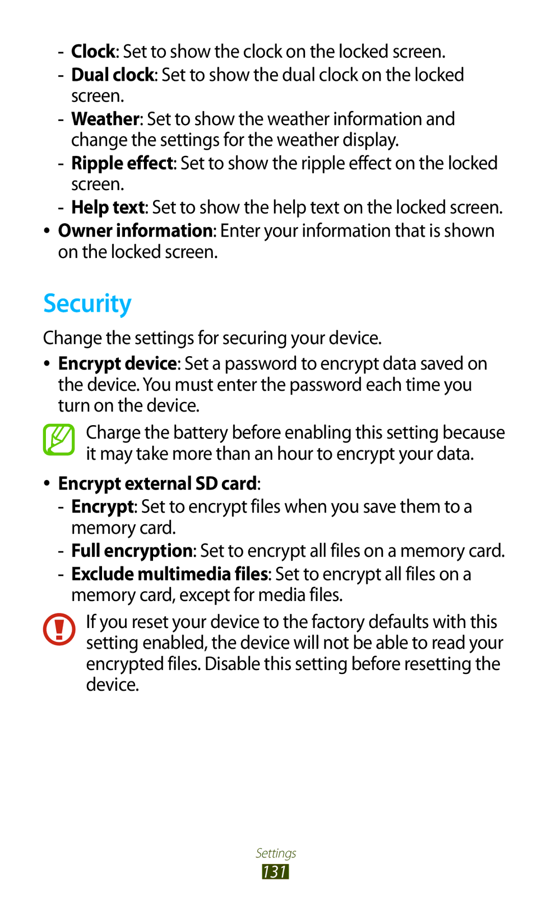 Samsung GT-P6800LSEKSA, GT-P6800LSAJED, GT-P6800LSAEGY manual Security, On the locked screen, Encrypt external SD card 