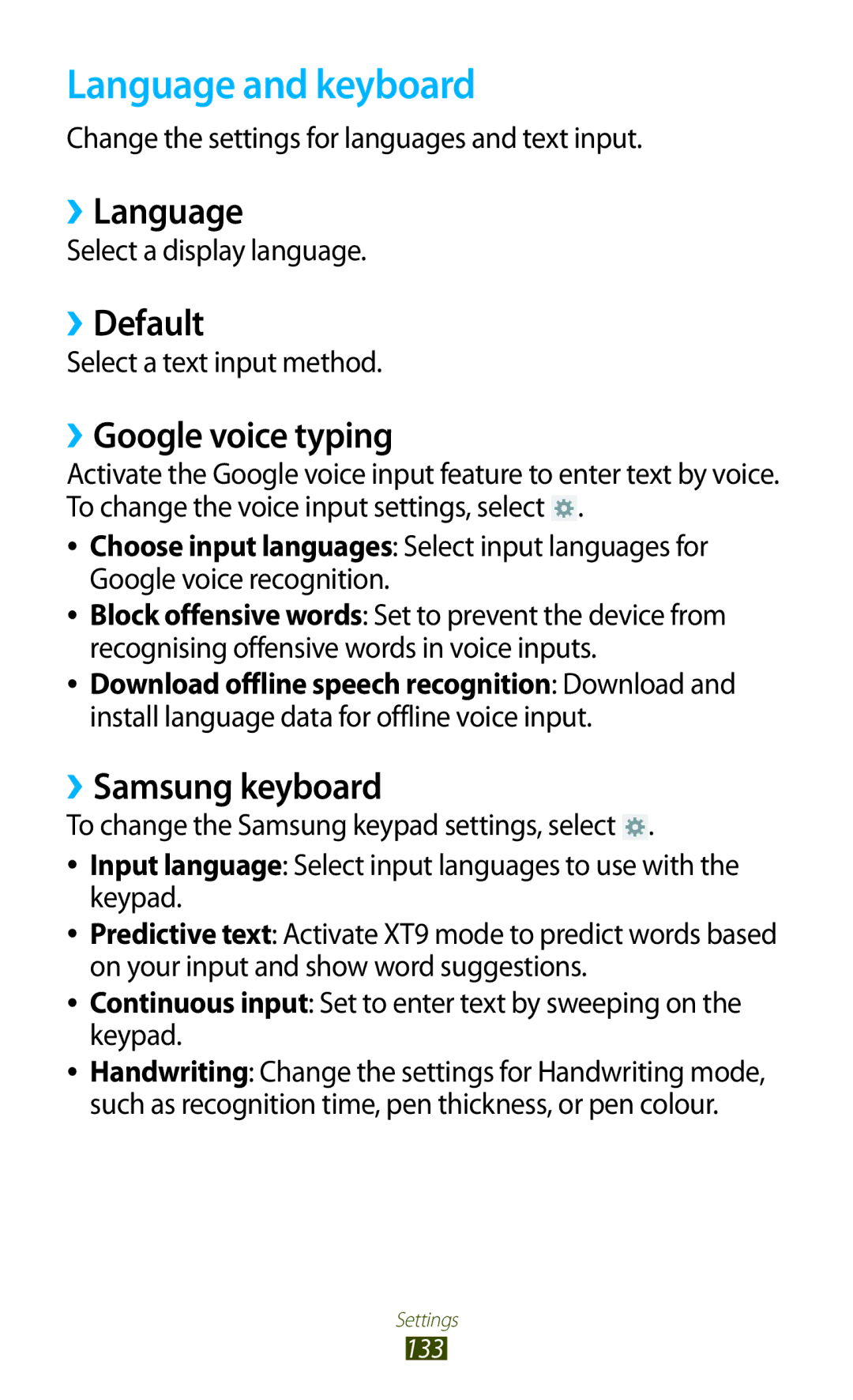 Samsung GT-P6800LSAXXV manual Language and keyboard, ››Language, ››Default, ››Google voice typing, ››Samsung keyboard 