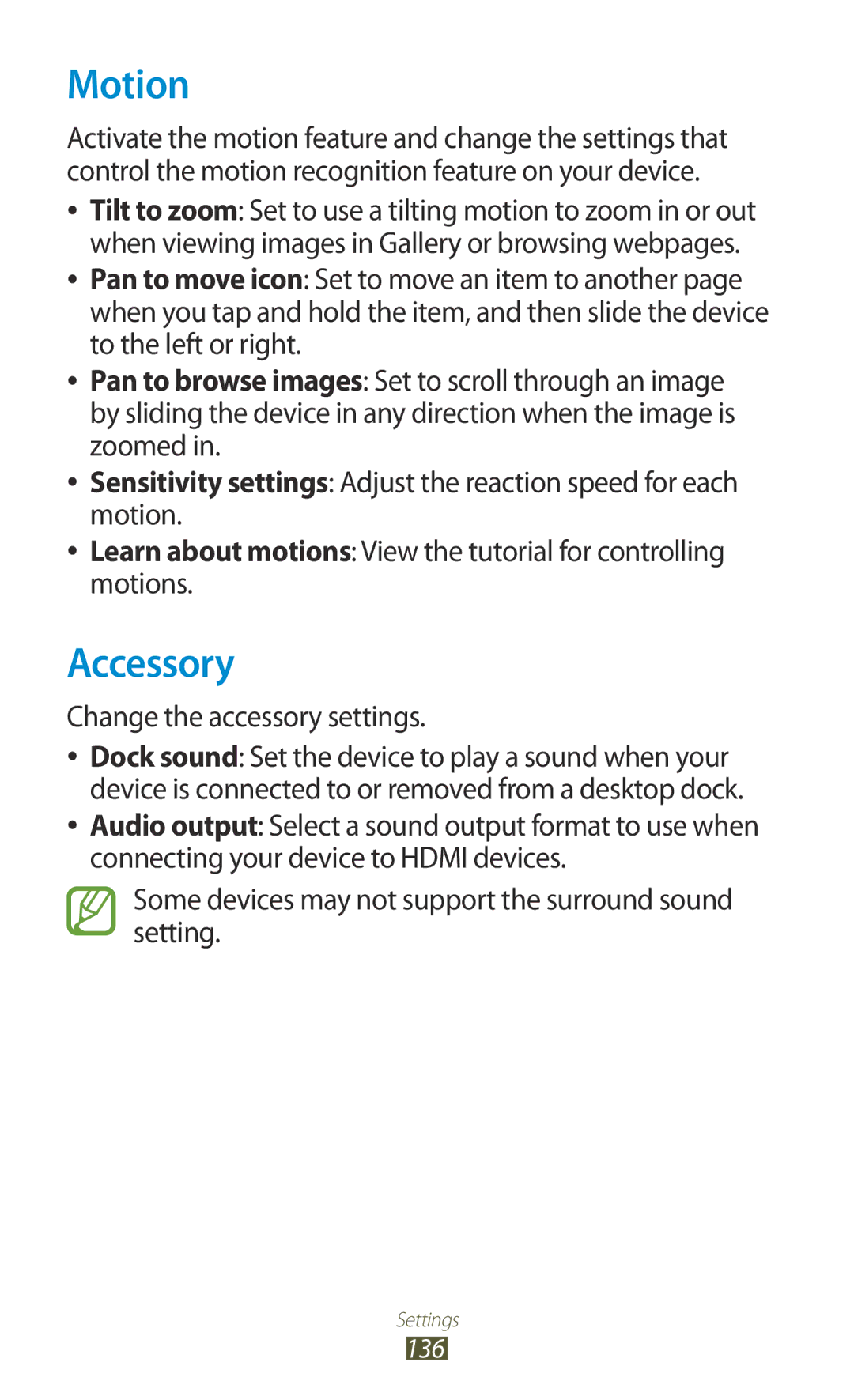 Samsung GT-P6800LSAEGY, GT-P6800LSAJED, GT-P6800LSATUN, GT-P6800LSAKCL manual Motion, Accessory, Change the accessory settings 