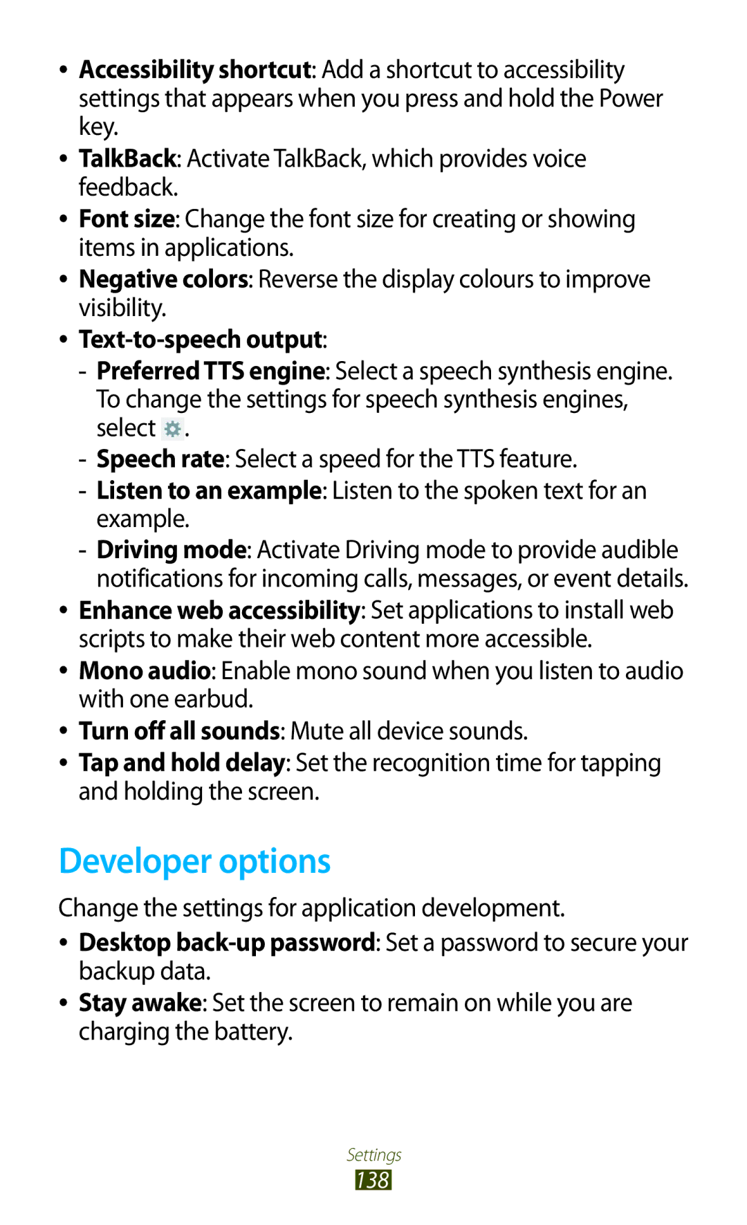 Samsung GT-P6800LSAKCL manual Developer options, Text-to-speech output, Change the settings for application development 