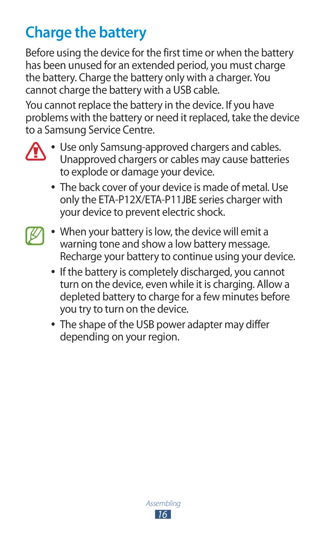 Samsung GT-P6800LSAJED, GT-P6800LSAEGY, GT-P6800LSATUN, GT-P6800LSAKCL, GT-P6800LSATHR, GT-P6800LSATMC manual Charge the battery 