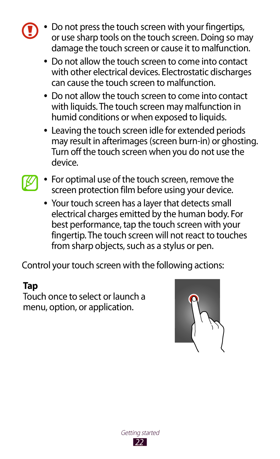 Samsung GT-P6800LSASKZ, GT-P6800LSAJED, GT-P6800LSAEGY manual Control your touch screen with the following actions, Tap 