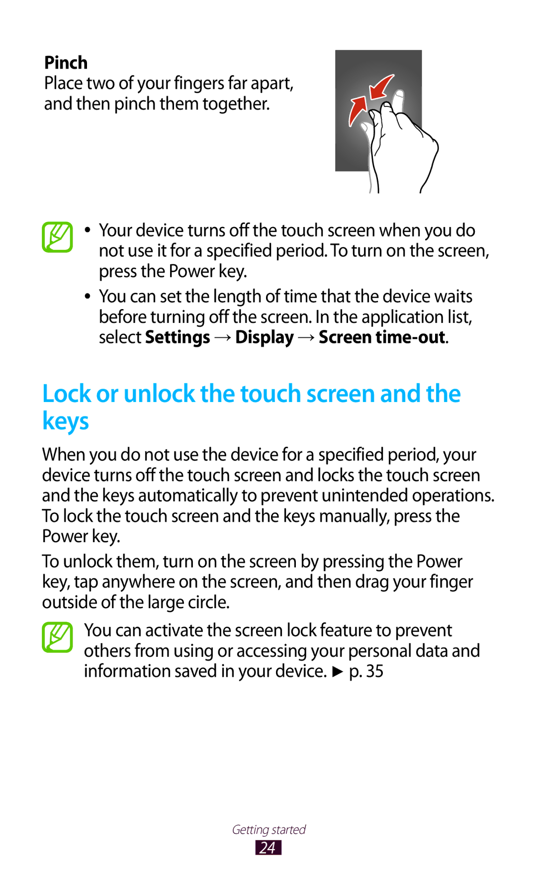 Samsung GT-P6800LSEXSG, GT-P6800LSAJED, GT-P6800LSAEGY, GT-P6800LSATUN Lock or unlock the touch screen and the keys, Pinch 