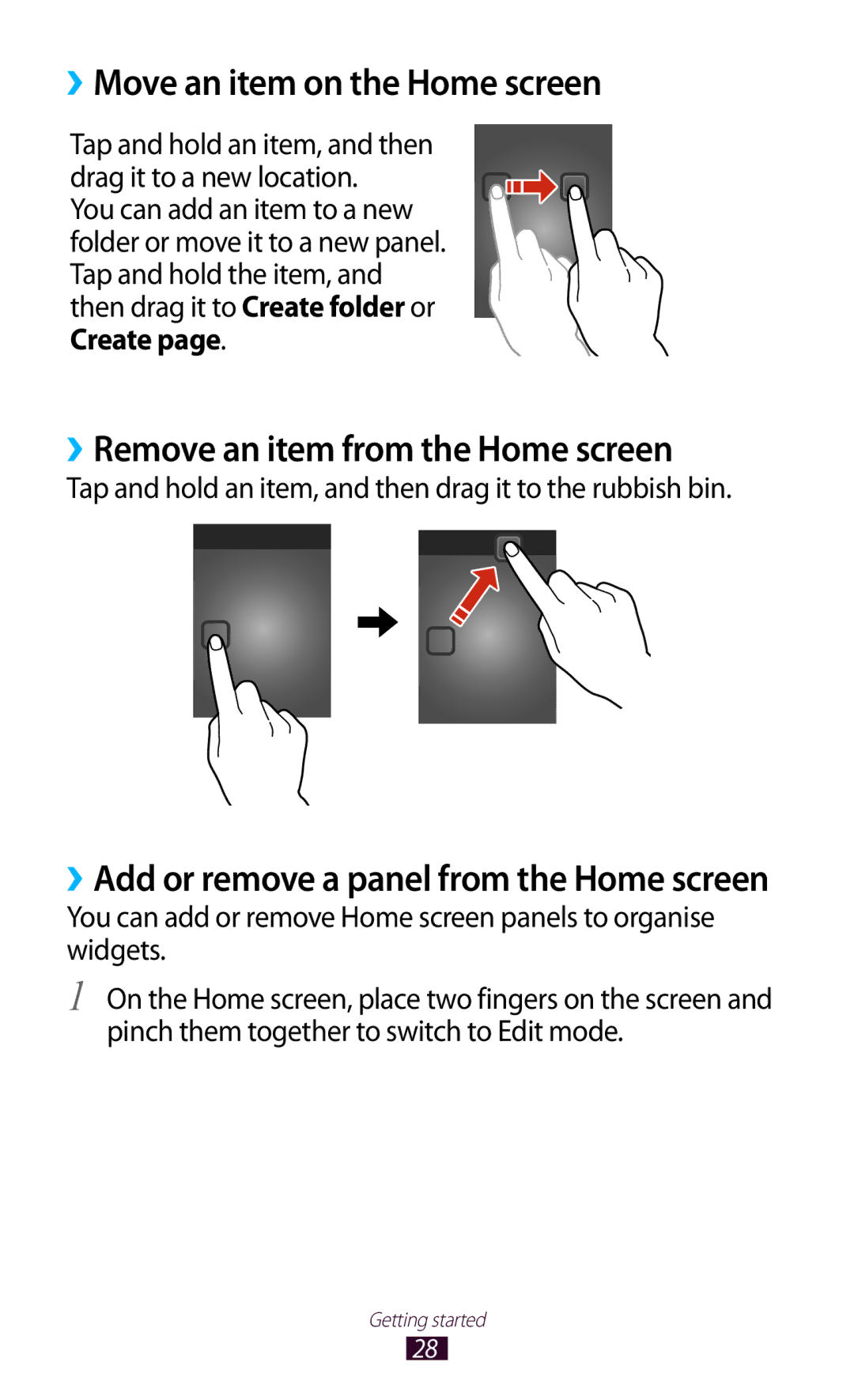 Samsung GT-P6800LSETHR, GT-P6800LSAJED manual ››Move an item on the Home screen, ››Remove an item from the Home screen 