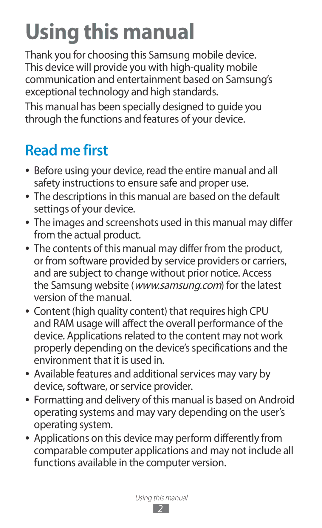 Samsung GT-P6800LSAKCL, GT-P6800LSAJED, GT-P6800LSAEGY, GT-P6800LSATUN, GT-P6800LSATHR Using this manual, Read me first 