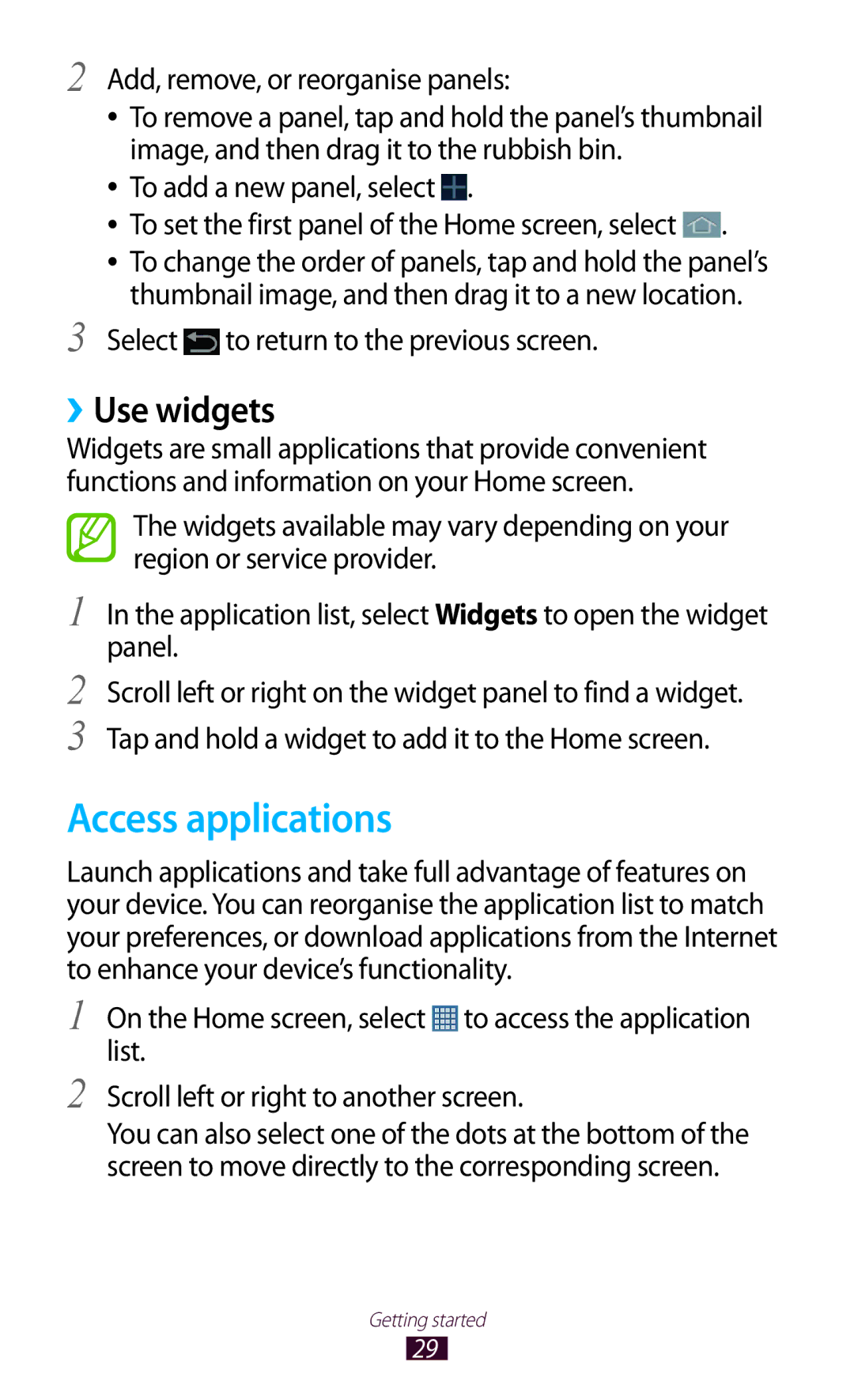 Samsung GT-P6800LSEKSA, GT-P6800LSAJED manual Access applications, ››Use widgets, Add, remove, or reorganise panels 