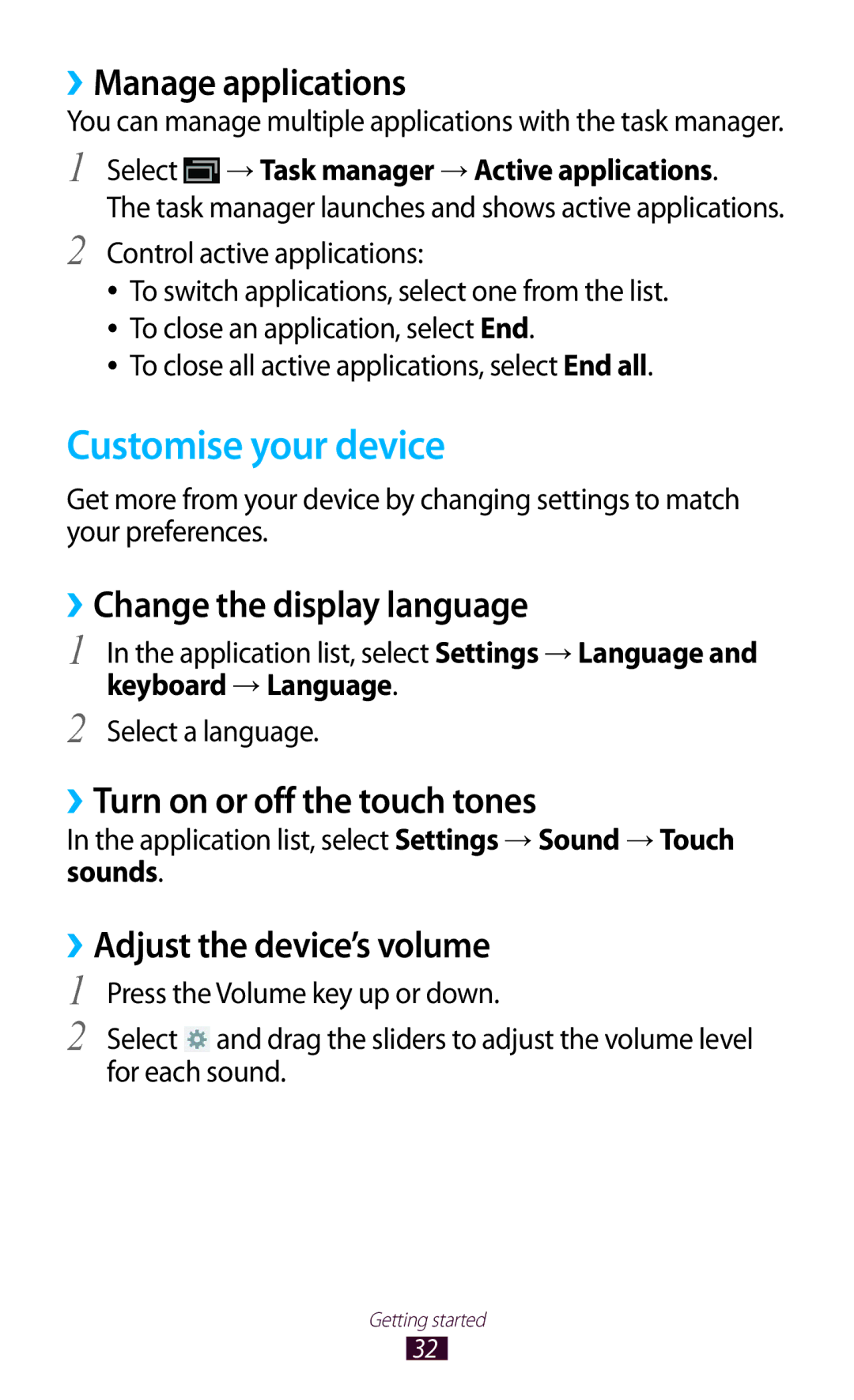 Samsung GT-P6800LSAXEV, GT-P6800LSAJED manual Customise your device, ››Manage applications, ››Change the display language 