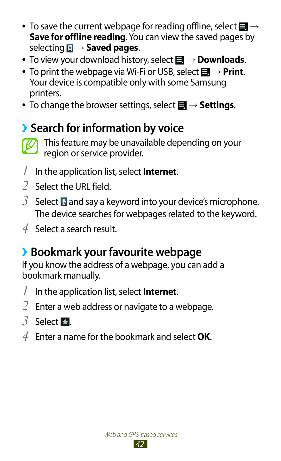 Samsung GT-P6800LSEJED manual ››Search for information by voice, ››Bookmark your favourite webpage, Select a search result 