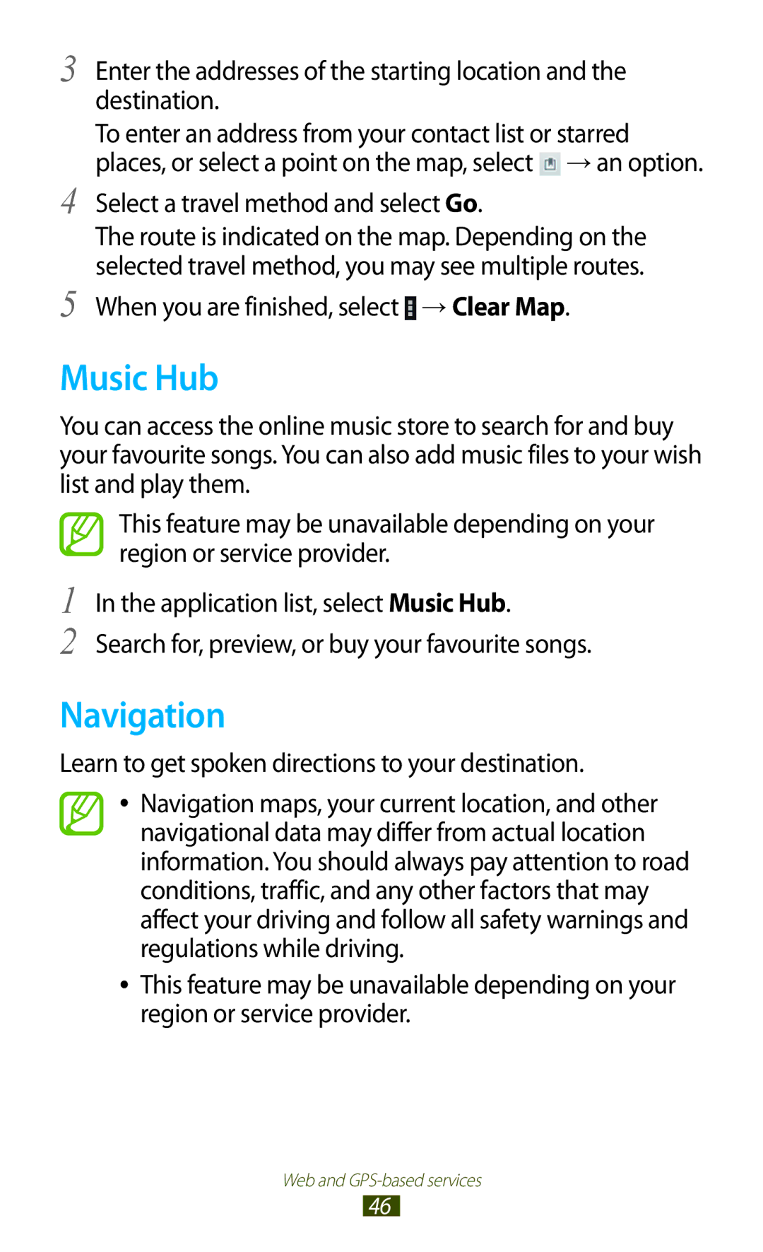 Samsung GT-P6800LSEKSA, GT-P6800LSAJED, GT-P6800LSAEGY manual Music Hub, Navigation, Select a travel method and select Go 