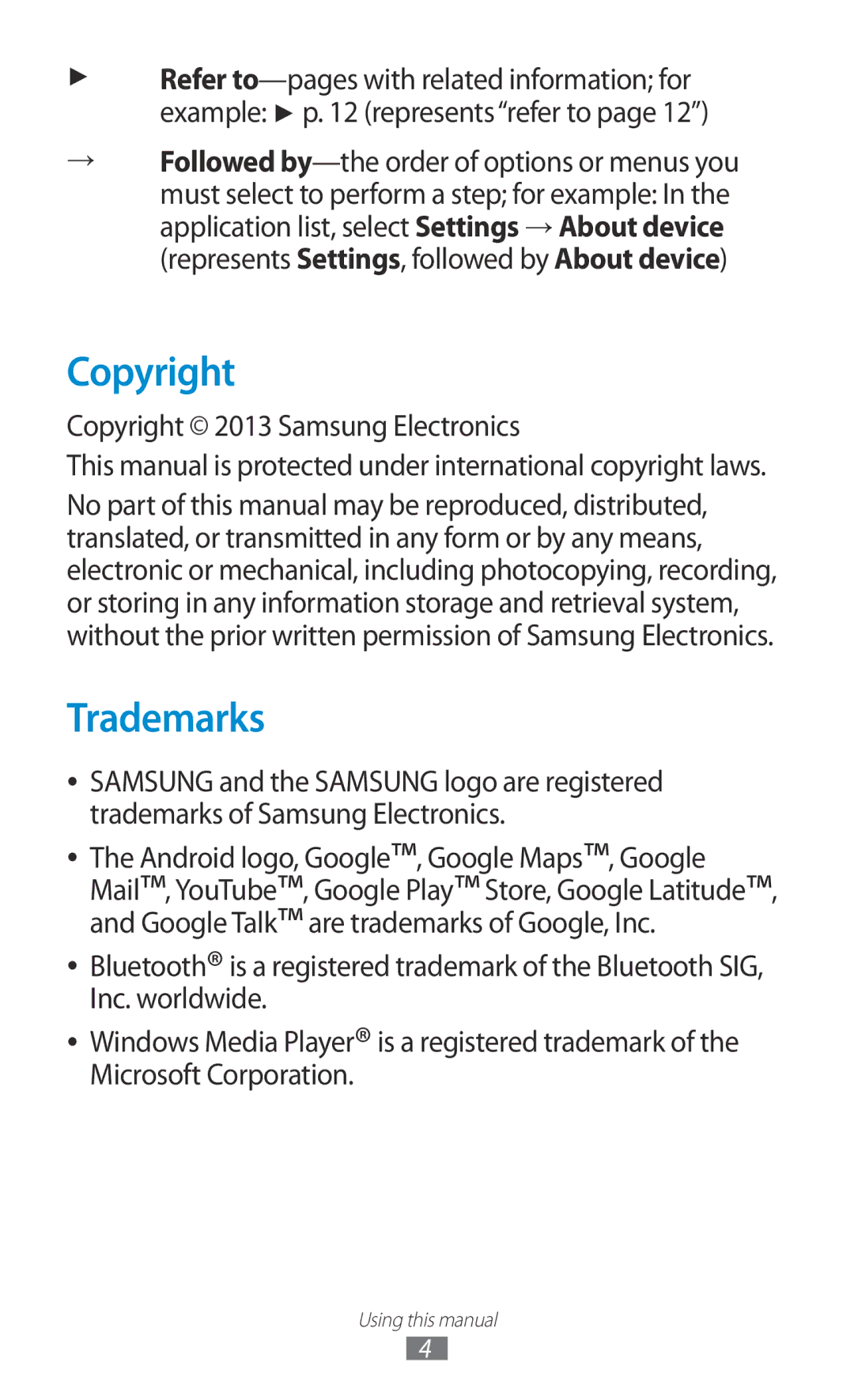 Samsung GT-P6800LSATMC, GT-P6800LSAJED, GT-P6800LSAEGY Copyright, Trademarks, Android logo, Google, Google Maps, Google 