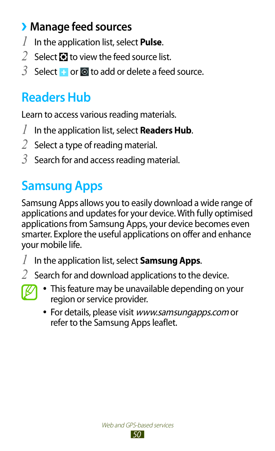 Samsung GT-P6800LSAJED manual Readers Hub, Samsung Apps, ››Manage feed sources, Select or to add or delete a feed source 