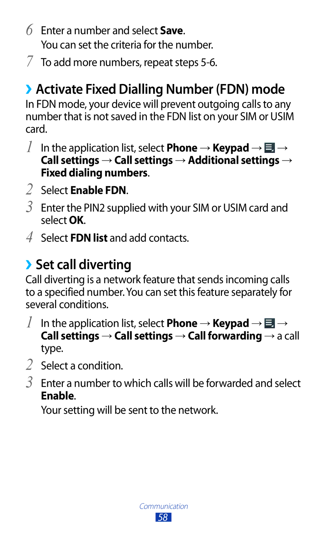 Samsung GT-P6800LSEXSG, GT-P6800LSAJED, GT-P6800LSAEGY, GT-P6800LSATUN manual ››Set call diverting, Select Enable FDN 