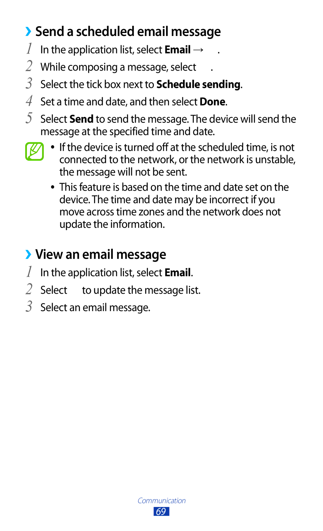 Samsung GT-P6800LSATUN, GT-P6800LSAJED, GT-P6800LSAEGY manual ››Send a scheduled email message, ››View an email message 